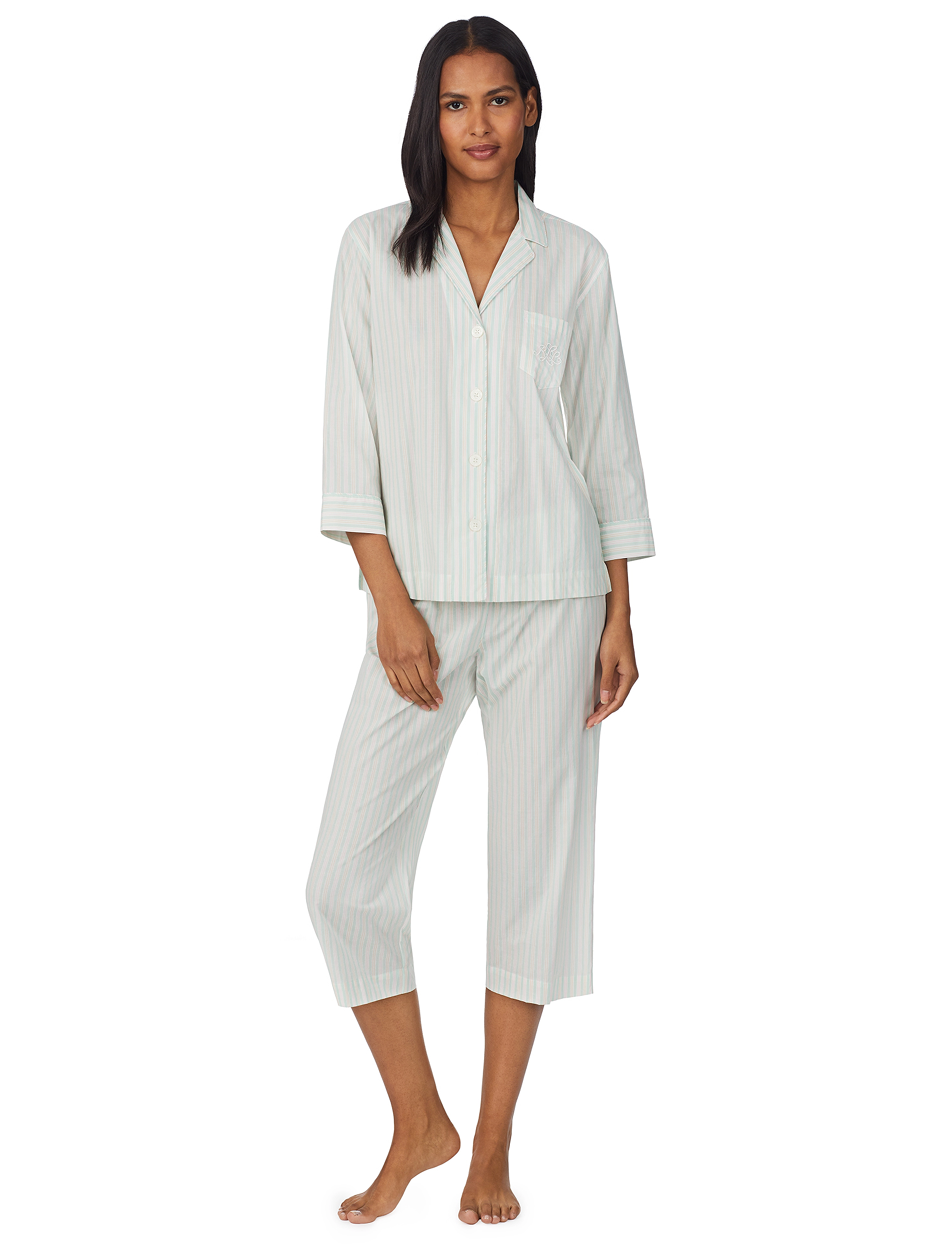 Lauren Ralph Lauren Homewear - LRL 3/4 SL NOTCH COLLAR CAPRI PANT PJ - mint stripe - 4