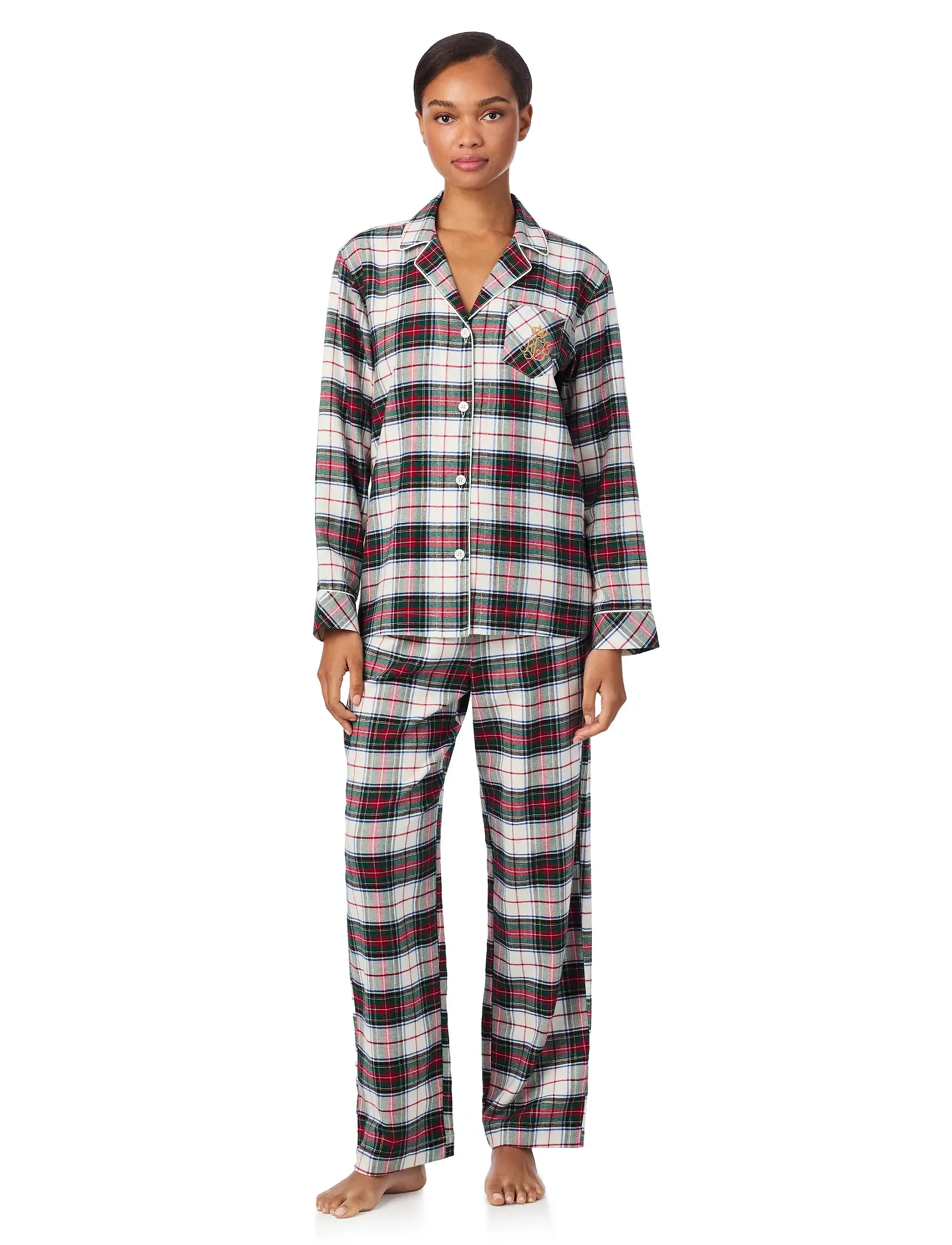 Lauren Ralph Lauren Homewear LRL L/s Notch collar long pant pj s - Ralph Lauren - CREAM PLAID / multi