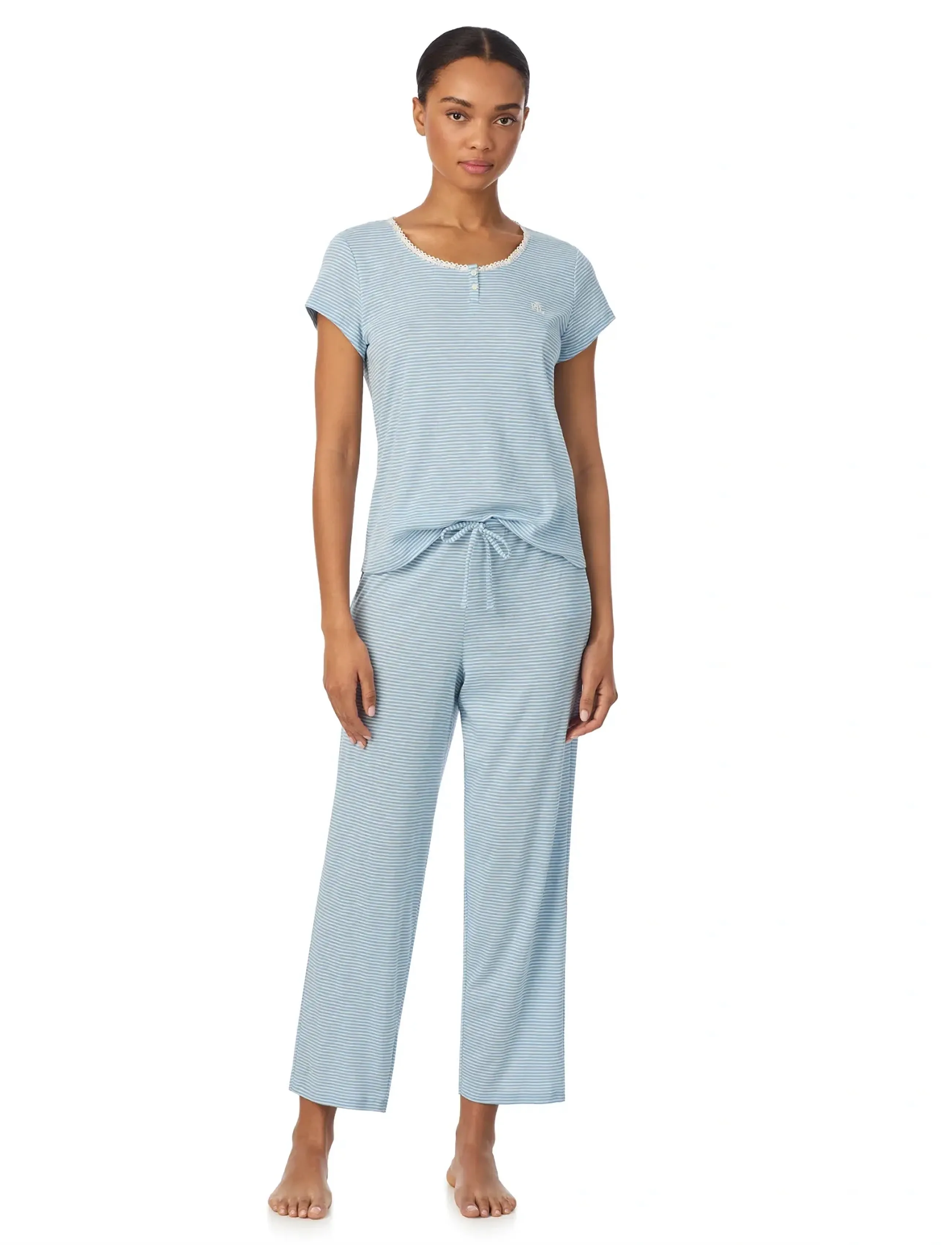 Lauren Ralph Lauren Homewear Lrl S/S Lace Nk Ankle Pant Pj Set, Kvinder, Kortærmet Pyjamassæt, Blå, Str: L