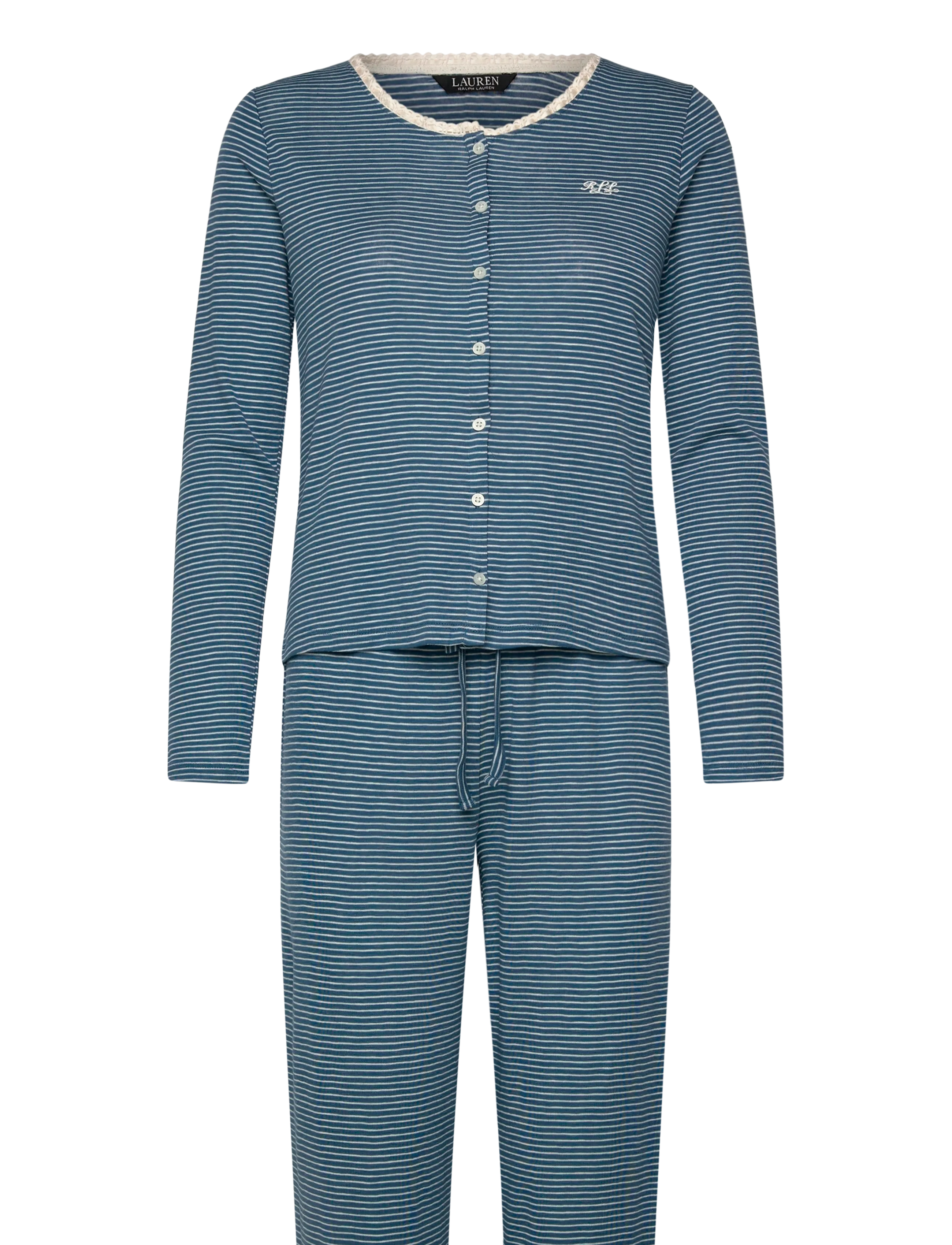 Lauren Ralph Lauren Homewear LRL L/s lace button down ankle pant - Weihnachtsgeschenke - BLUE STRIPE / blue
