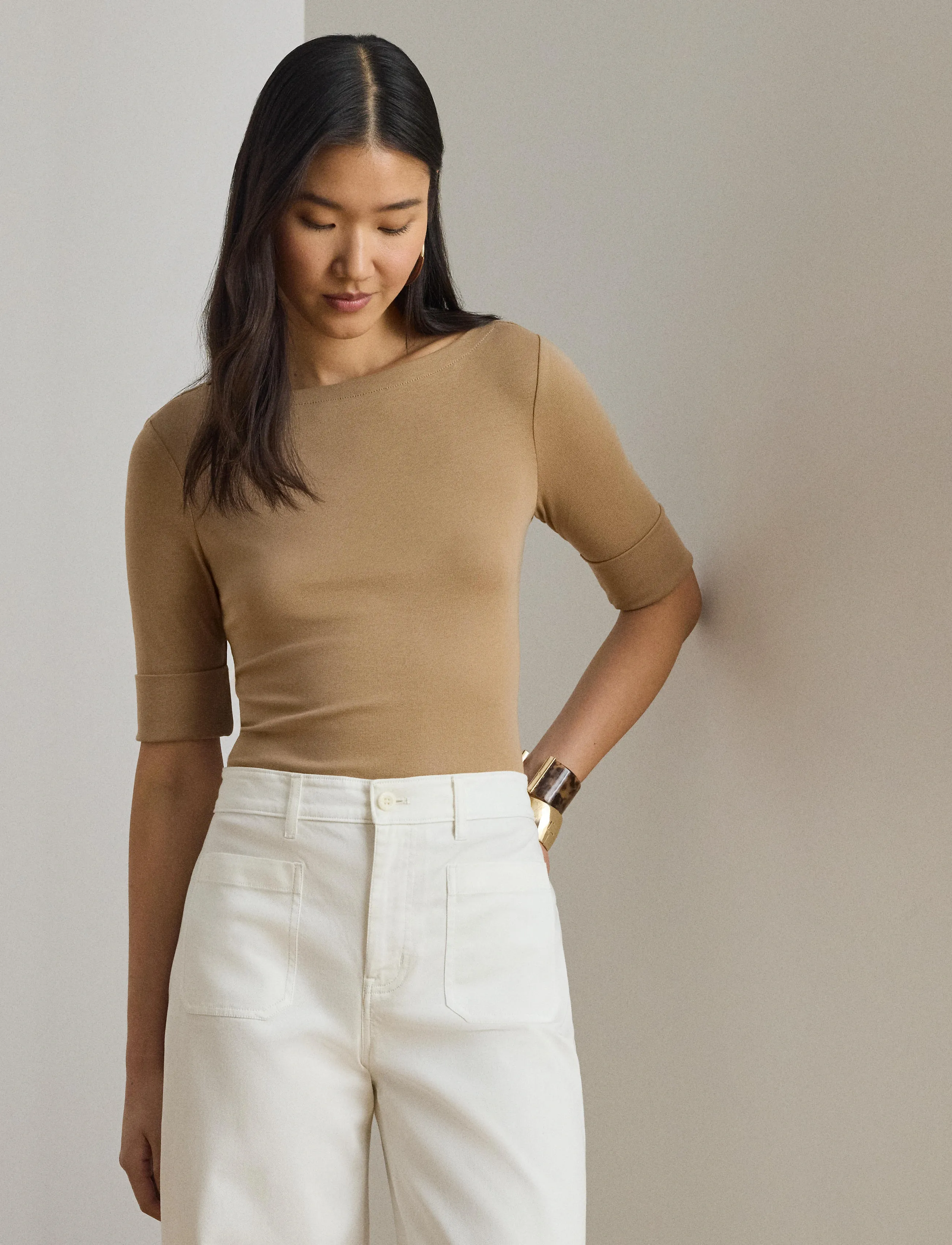 Lauren Ralph Lauren - Stretch Cotton Boatneck Tee - kortærmede bluser - classic camel - 2