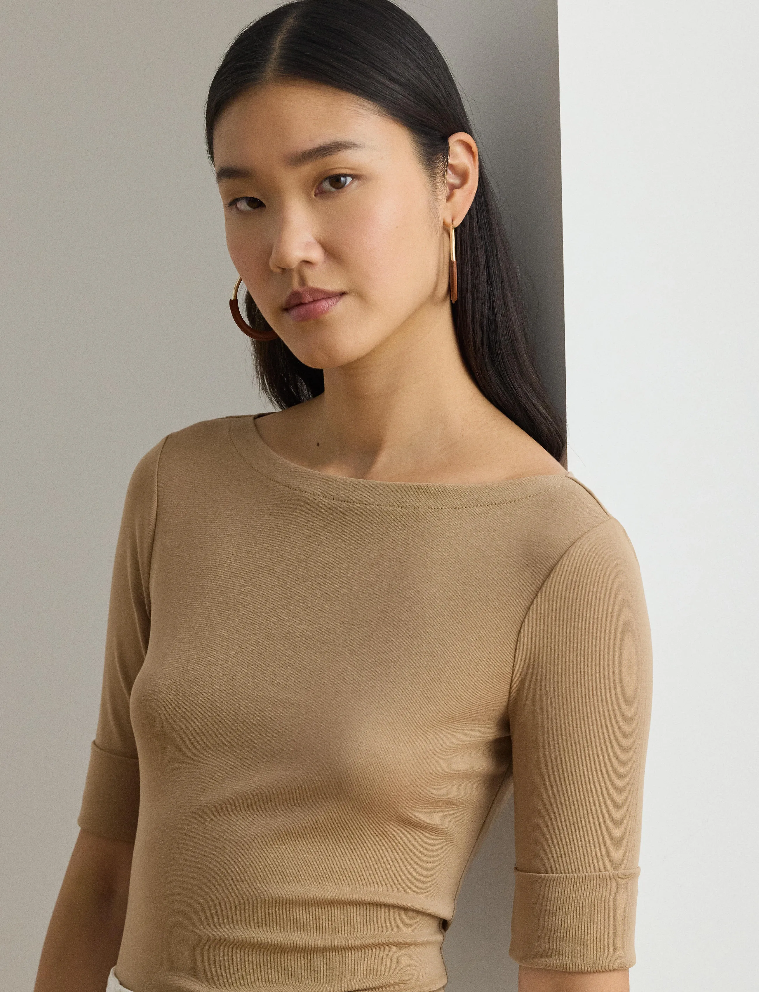 Lauren Ralph Lauren - Stretch Cotton Boatneck Tee - kortærmede bluser - classic camel - 3