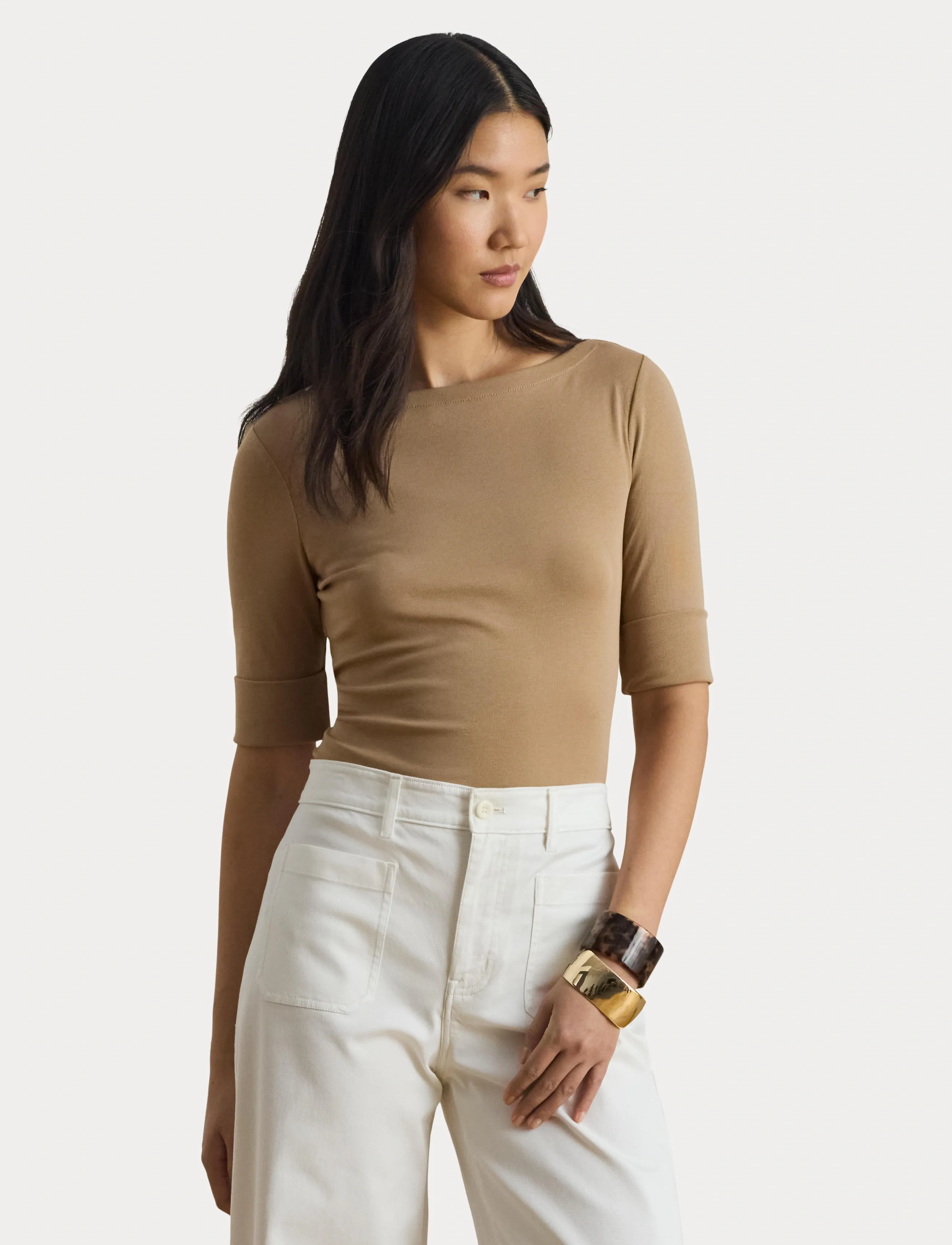 Lauren Ralph Lauren - Stretch Cotton Boatneck Tee - kortærmede bluser - classic camel - 5
