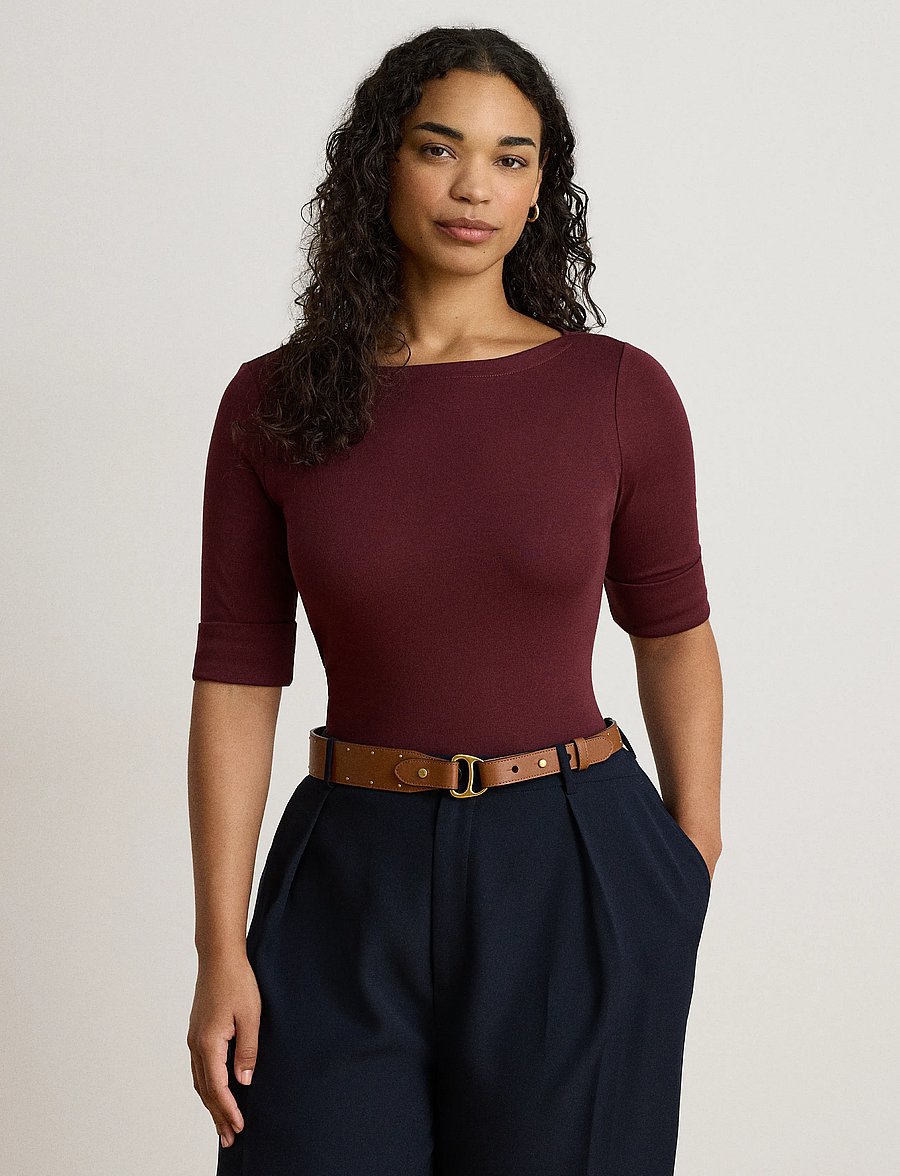 Lauren Ralph Lauren - Stretch Cotton Boatneck Tee - kortärmade blusar - dark garnet - 0