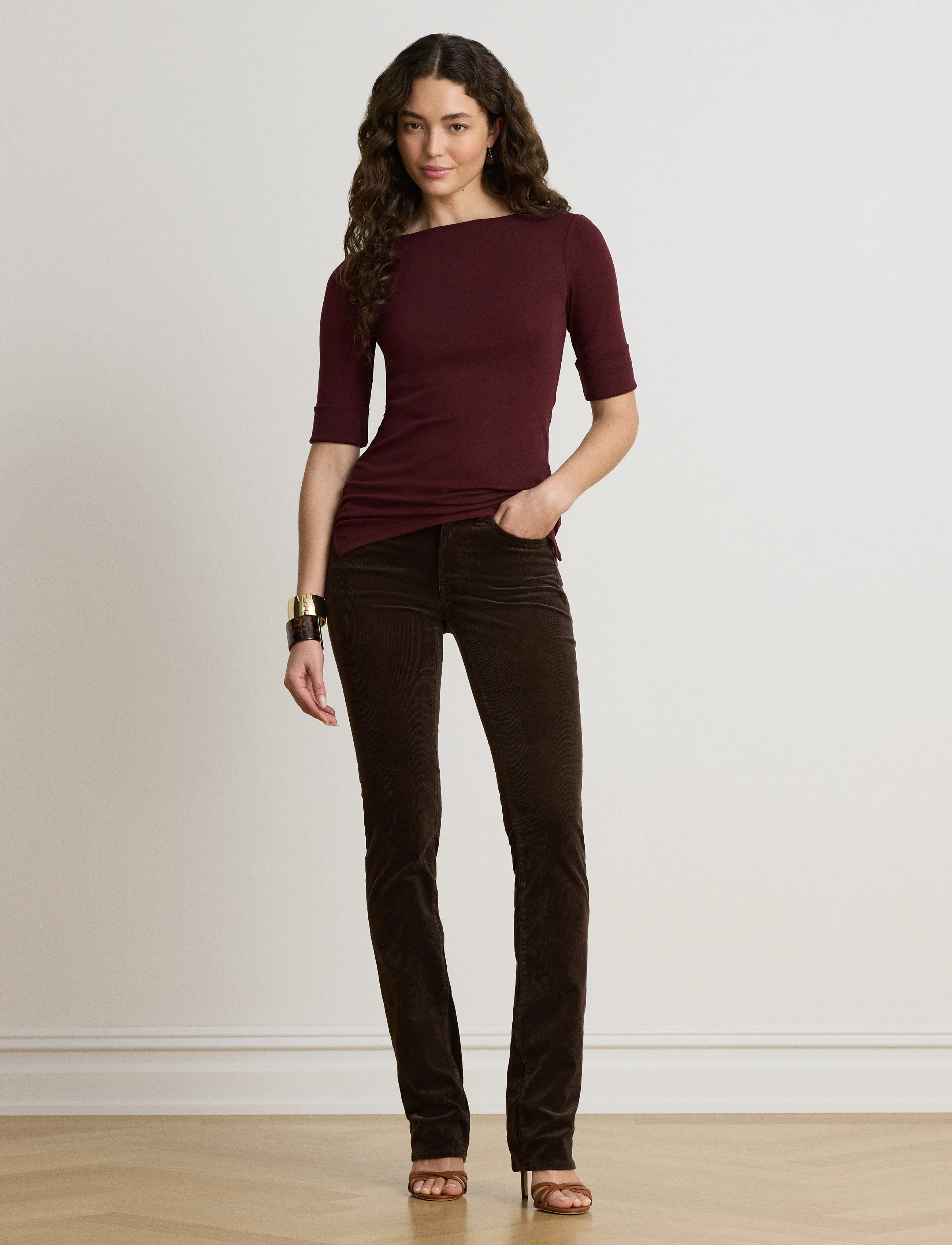 Lauren Ralph Lauren - Stretch Cotton Boatneck Tee - kortärmade blusar - dark garnet - 5