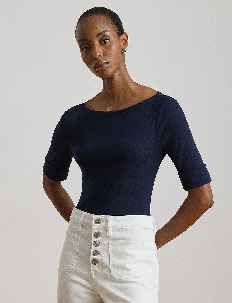 Lauren Ralph Lauren - Stretch Cotton Boatneck Tee - kortärmade blusar - lauren navy - 0