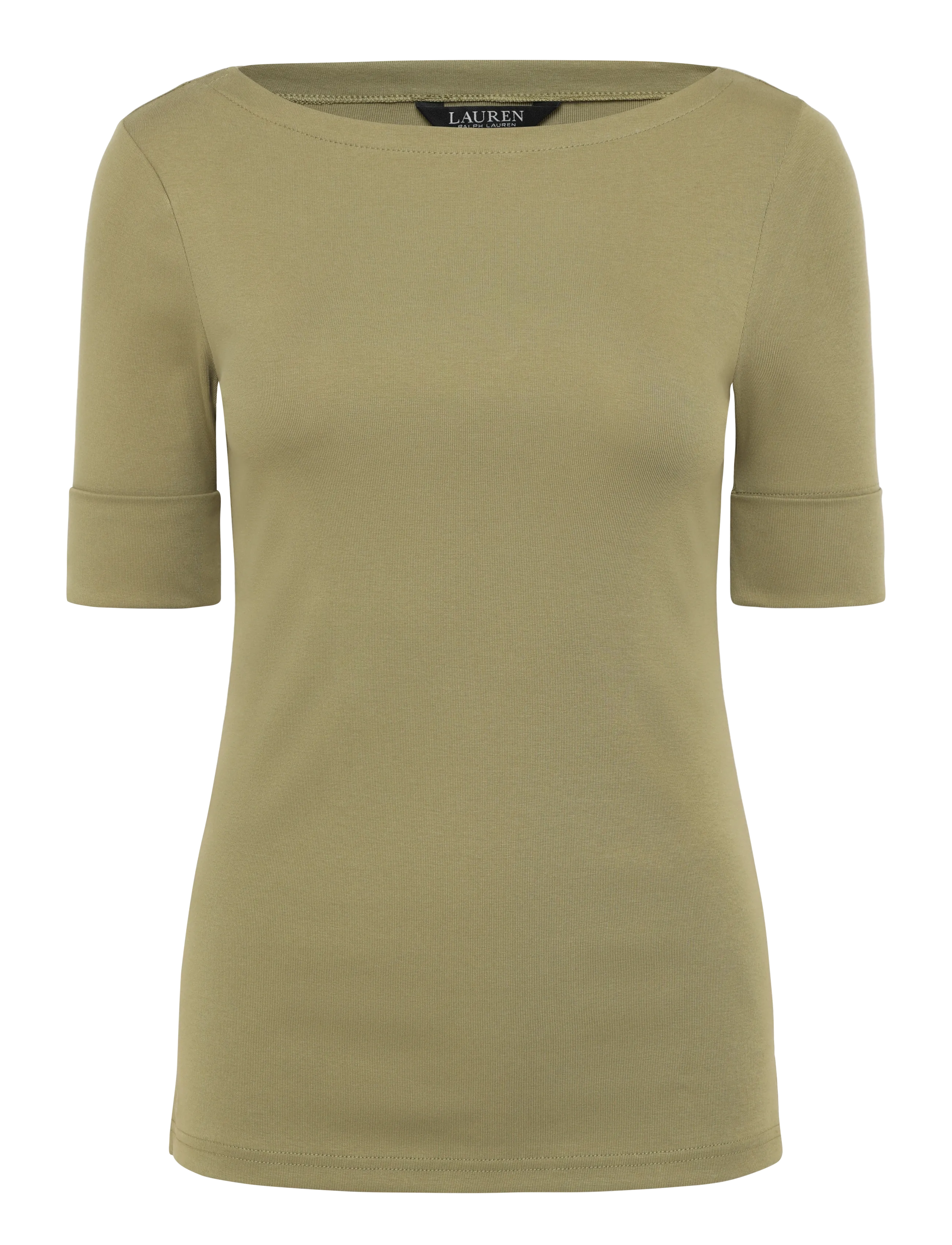 Lauren Ralph Lauren RFND STRTCH 1X1 RIB-ELB SLV BT NK T - Tøj - LIGHT AGAVE / khaki/green