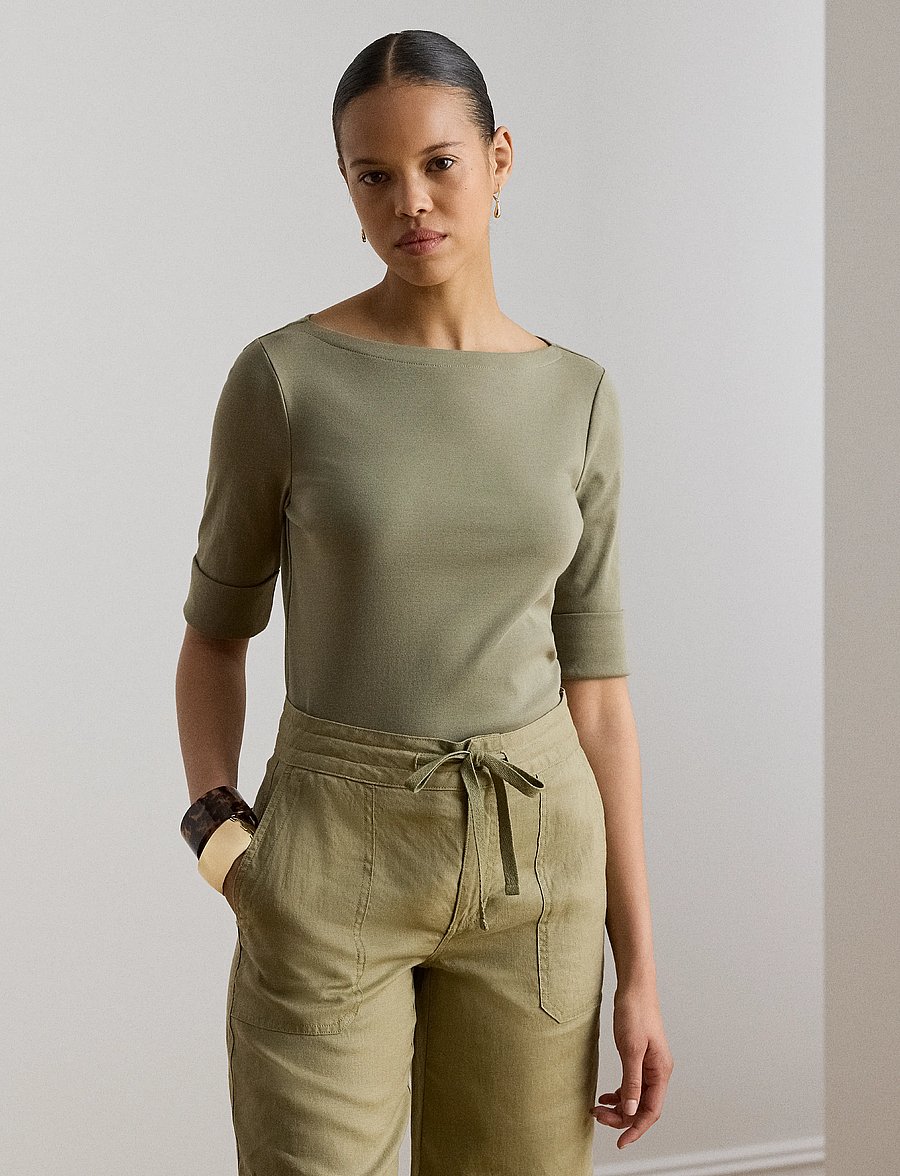 Lauren Ralph Lauren - Stretch Cotton Boatneck Tee - langärmlige tops - light agave - 0