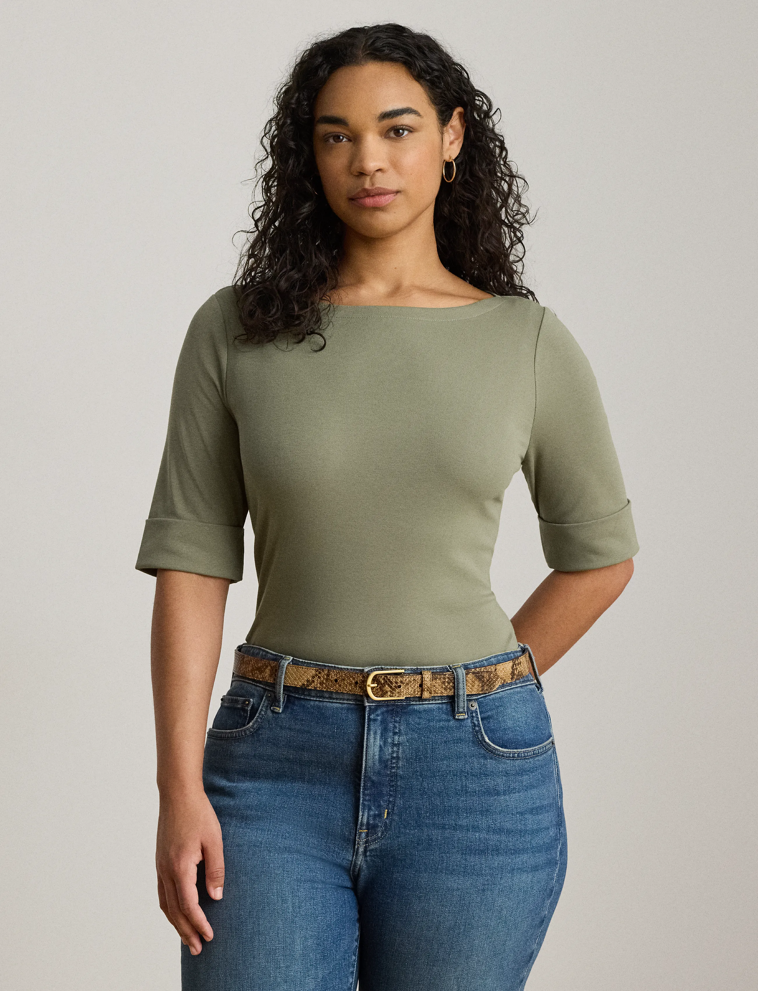 Lauren Ralph Lauren Stretch Cotton Boatneck Tee - Lauren Ralph Lauren - LIGHT AGAVE / khaki/green