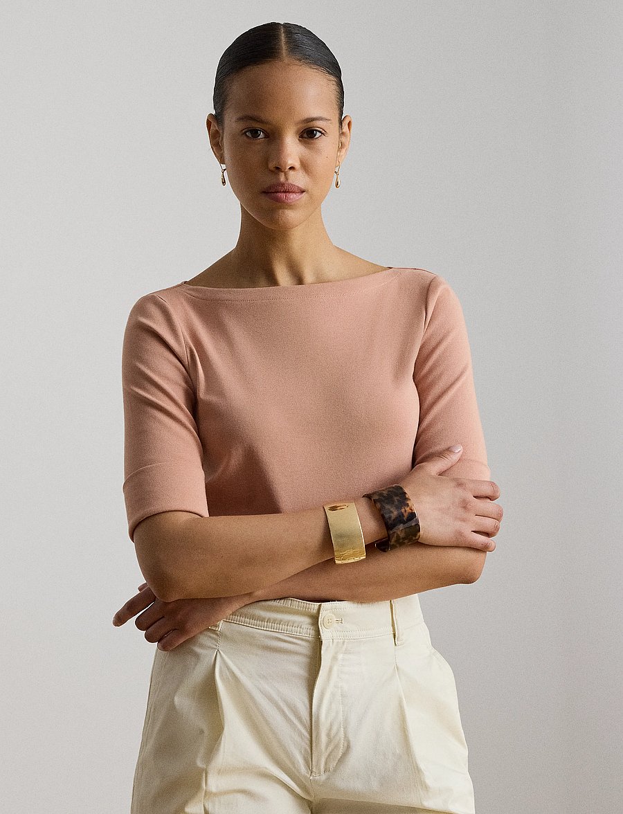 Lauren Ralph Lauren - Stretch Cotton Boatneck Tee - short-sleeved blouses - pink sienna - 0