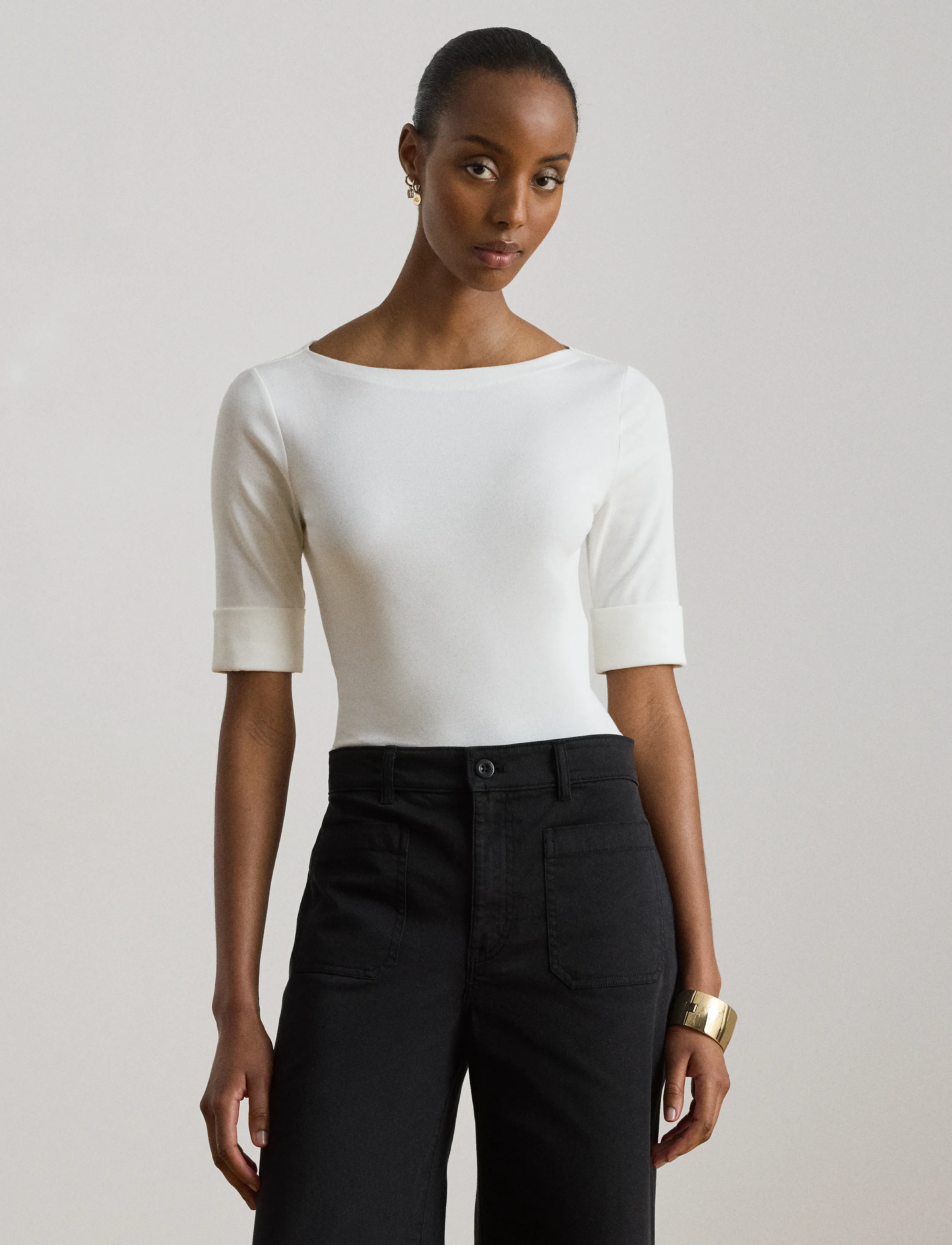 Lauren Ralph Stretch Cotton Boatneck Tee, XXS, T-shirts & Oberteile, Weiß - Short-sleeved, Frauen