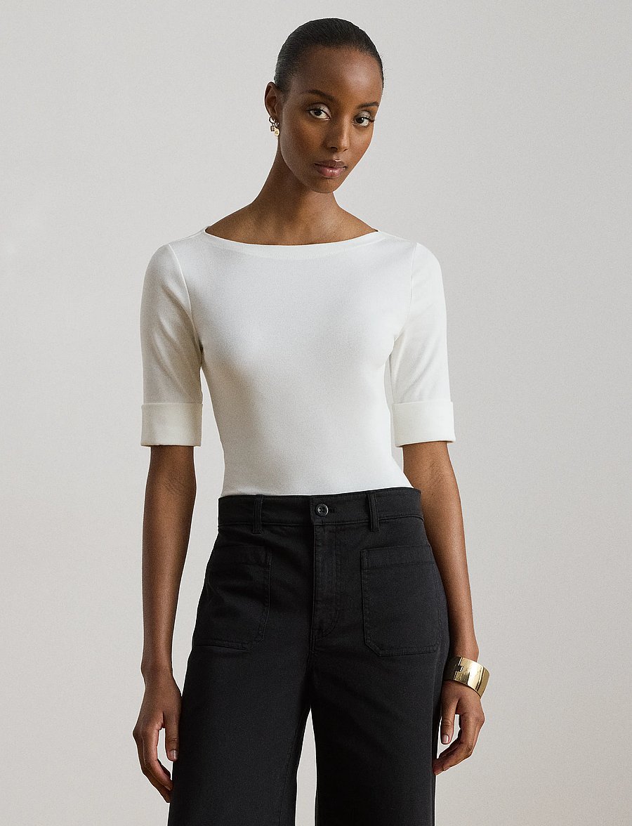 Lauren Ralph Lauren - RFND STRTCH 1X1 RIB-ELB SLV BT NK T - langærmede toppe - white - 0