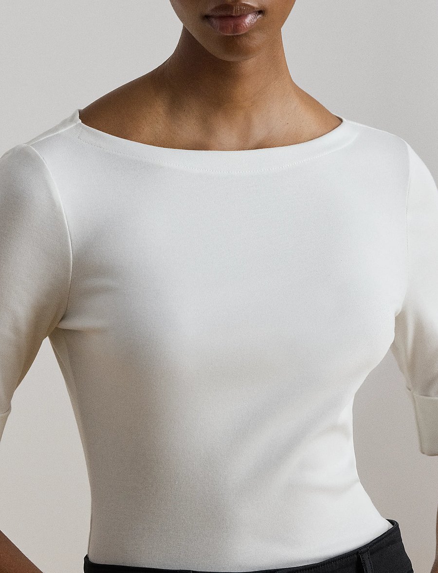 Lauren Ralph Lauren - RFND STRTCH 1X1 RIB-ELB SLV BT NK T - langærmede toppe - white - 4