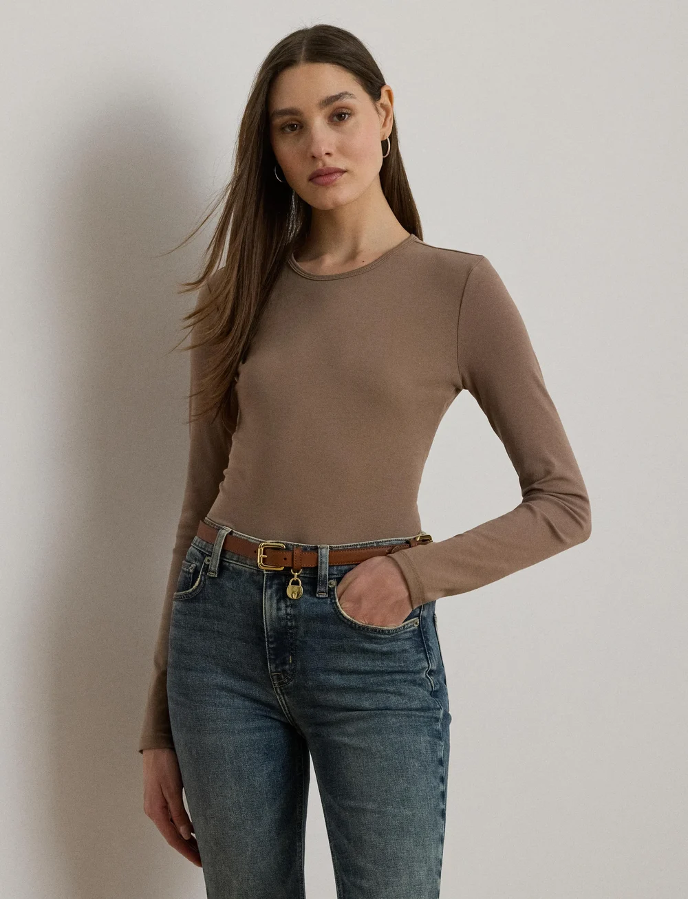 Lauren Ralph Lauren - Cotton-Blend Long-Sleeve Top - langärmlige tops - taupe brown - 3