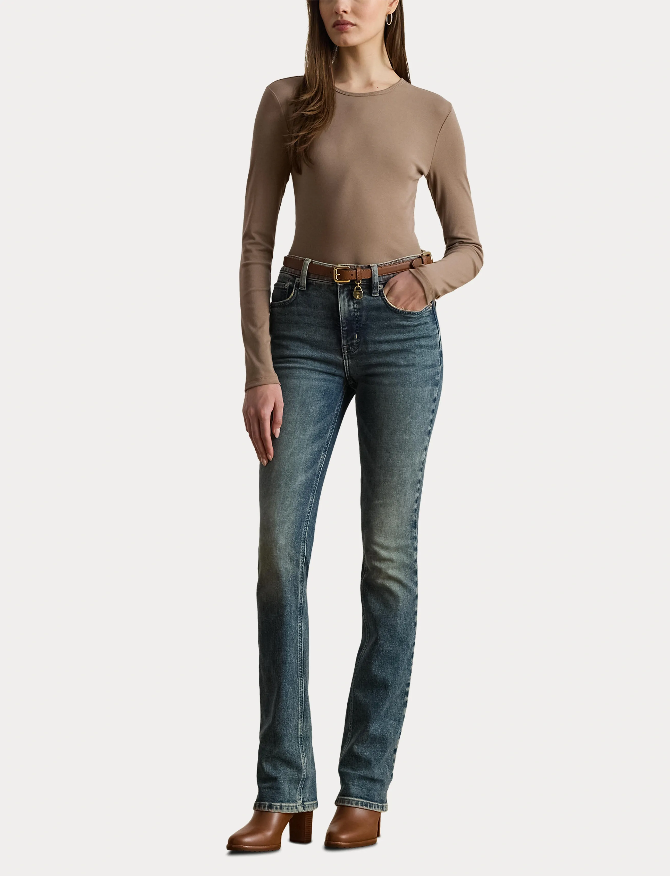 Lauren Ralph Lauren - RFND STRTCH 1X1 RIB-LS CREWNECK - taupe brown - 4