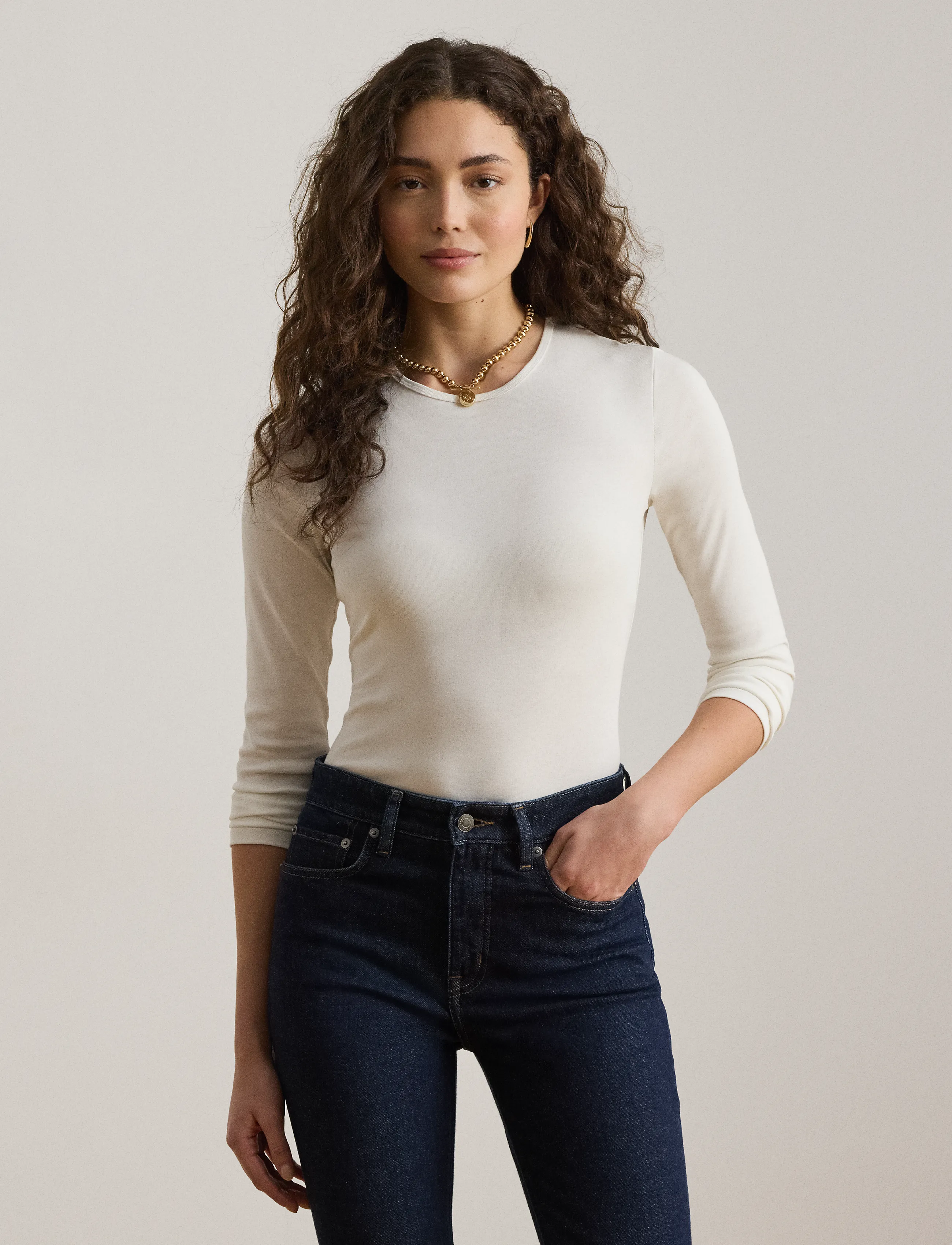Lauren Ralph Lauren RFND STRTCH 1X1 RIB-LS CREWNECK - Långärmade toppar - WHITE / white