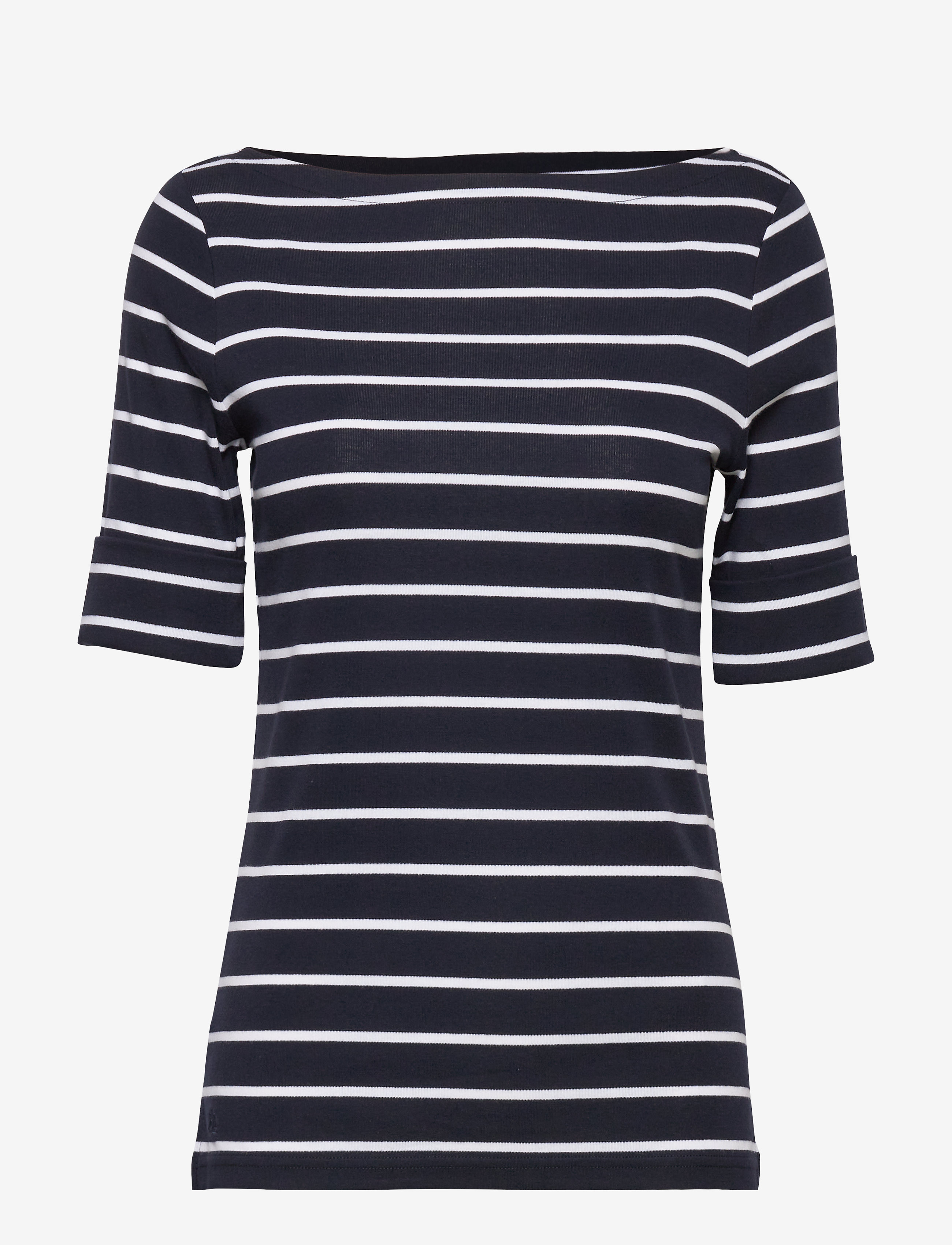 Lauren Ralph Lauren Striped Stretch Cotton Boatneck Tee - Basics - LAUREN NAVY/WHITE / navy