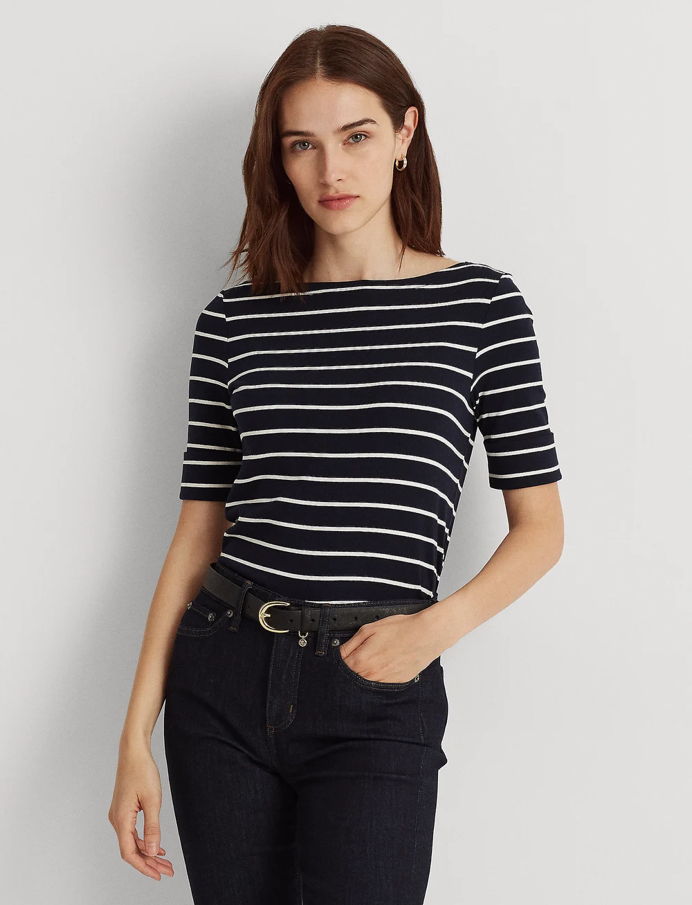 Lauren Ralph Lauren - Striped Stretch Cotton Boatneck Tee - t-shirts - lauren navy/white - 0