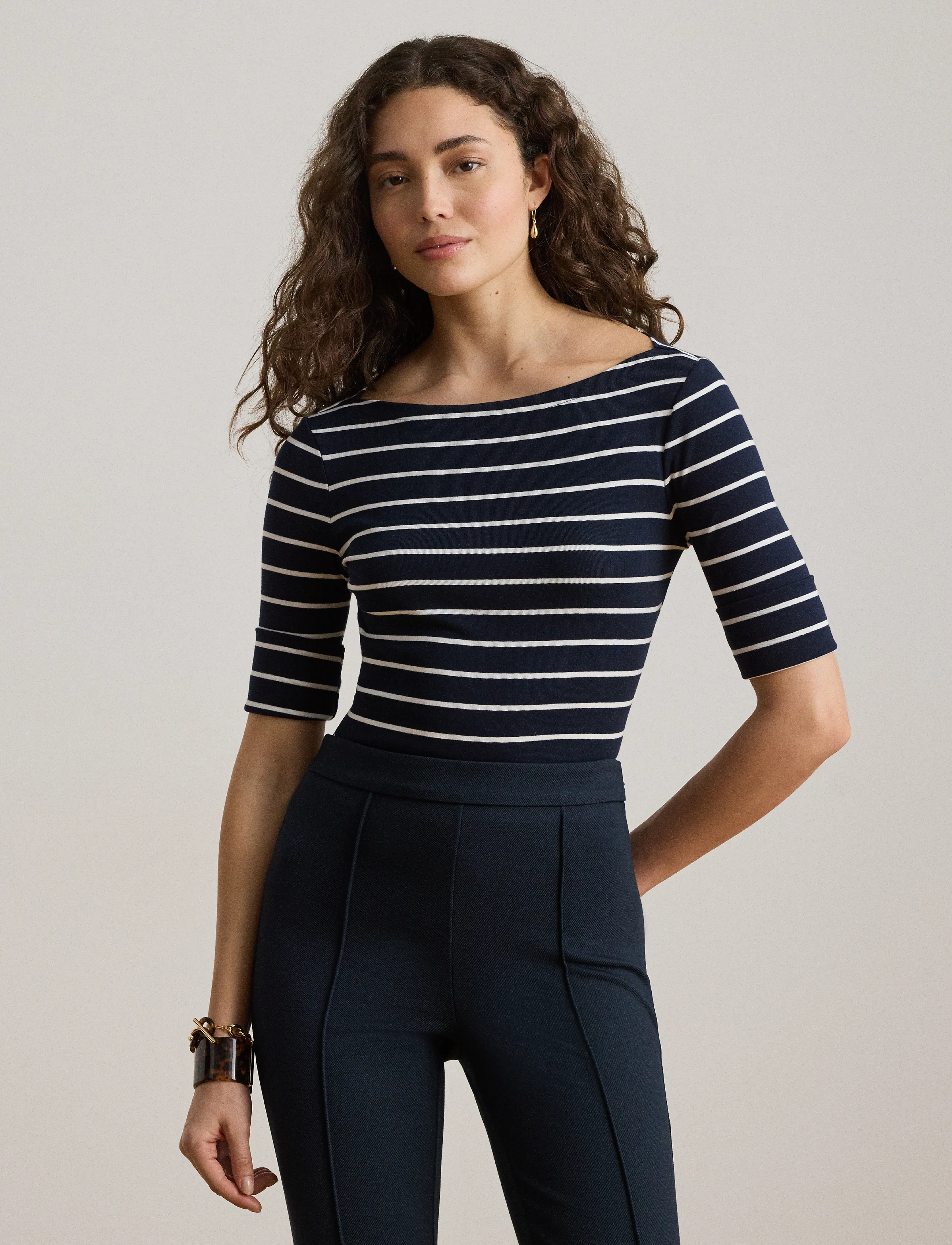 Lauren Ralph Lauren - Striped Stretch Cotton Boatneck Tee - t-shirts - lauren navy/white - 5