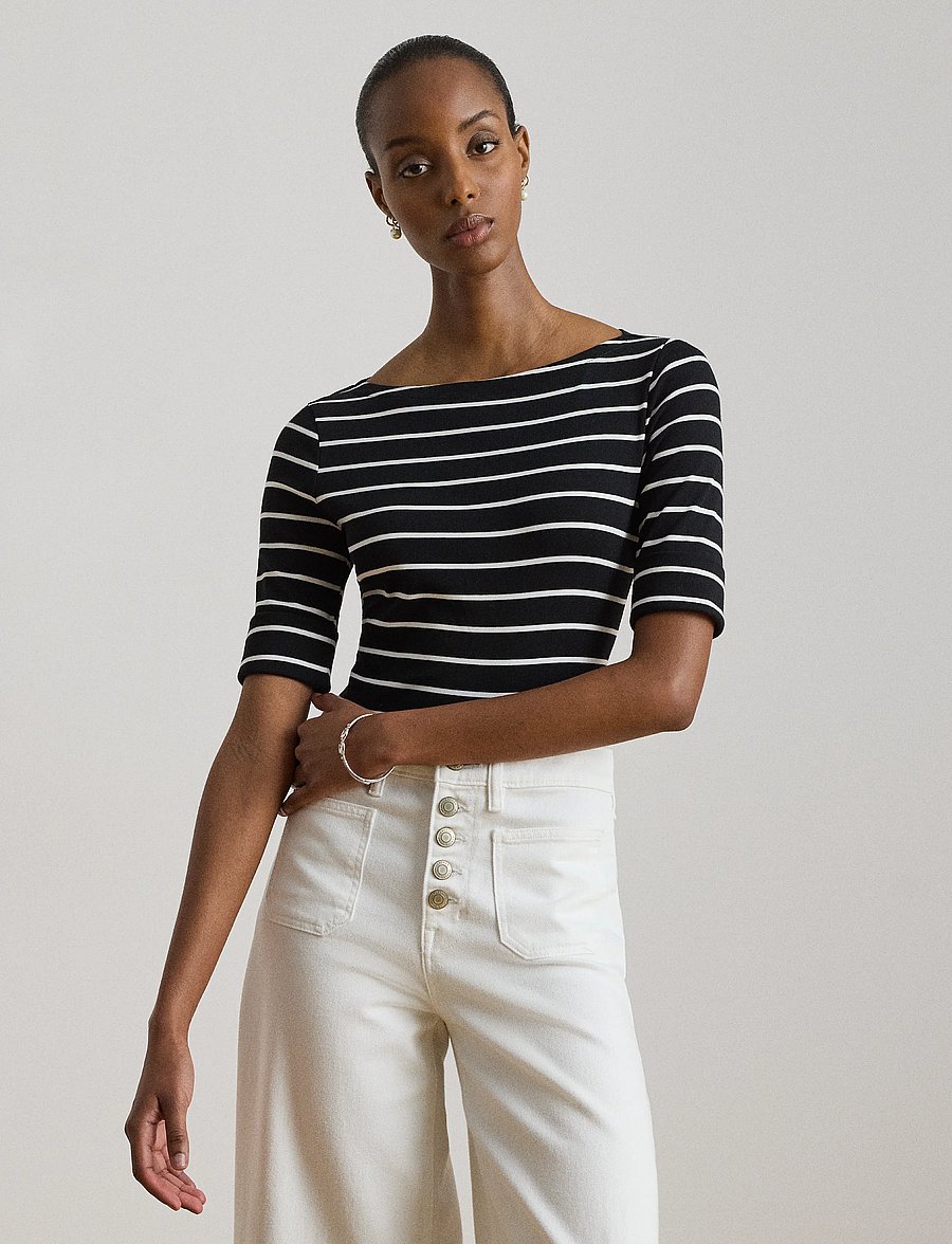 Lauren Ralph Lauren - Striped Stretch Cotton Boatneck Tee - t-shirts - polo black/white - 2