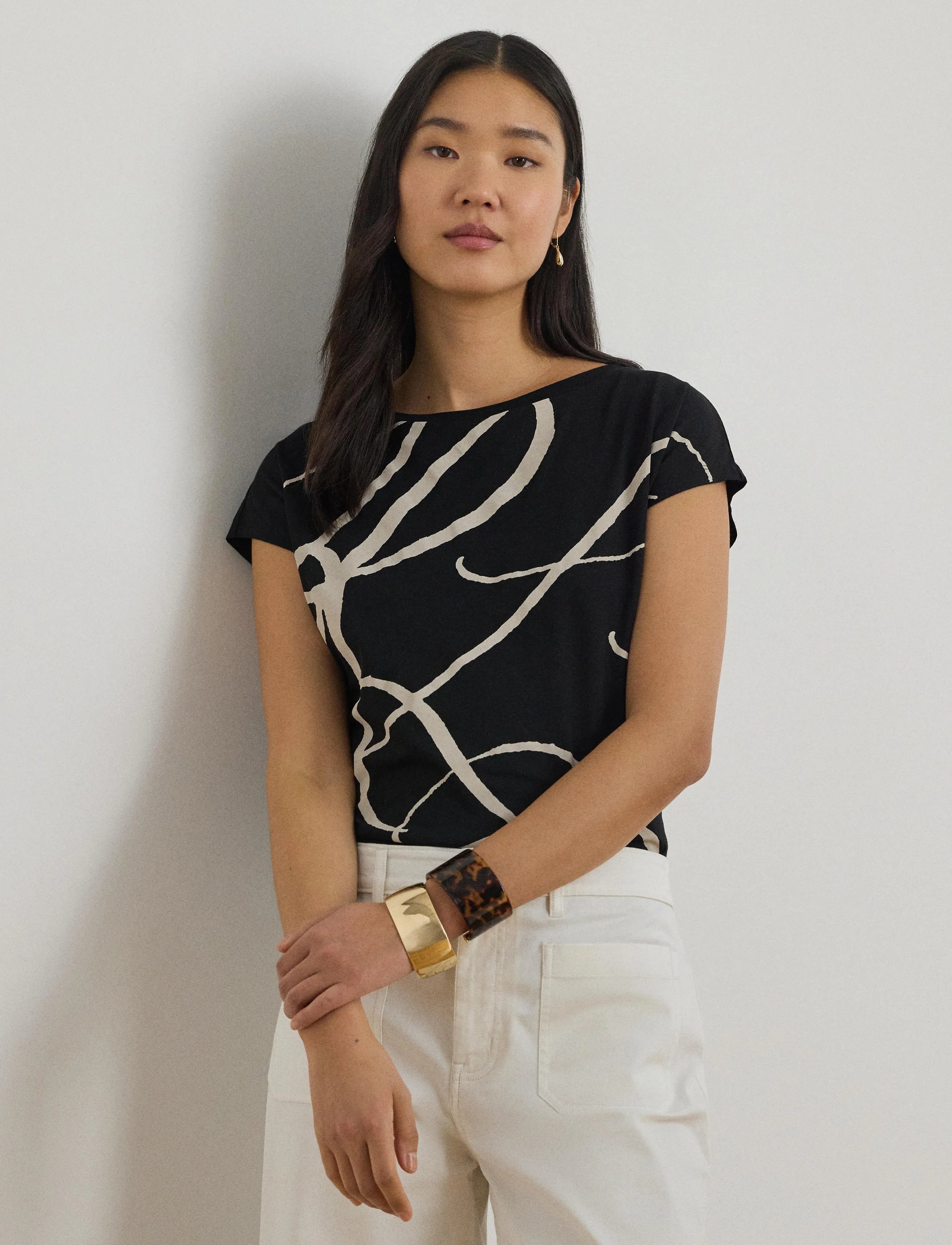 Lauren Ralph Lauren Logo-Print Cotton-Blend Tee - Lauren Ralph Lauren - POLO BLACK / black