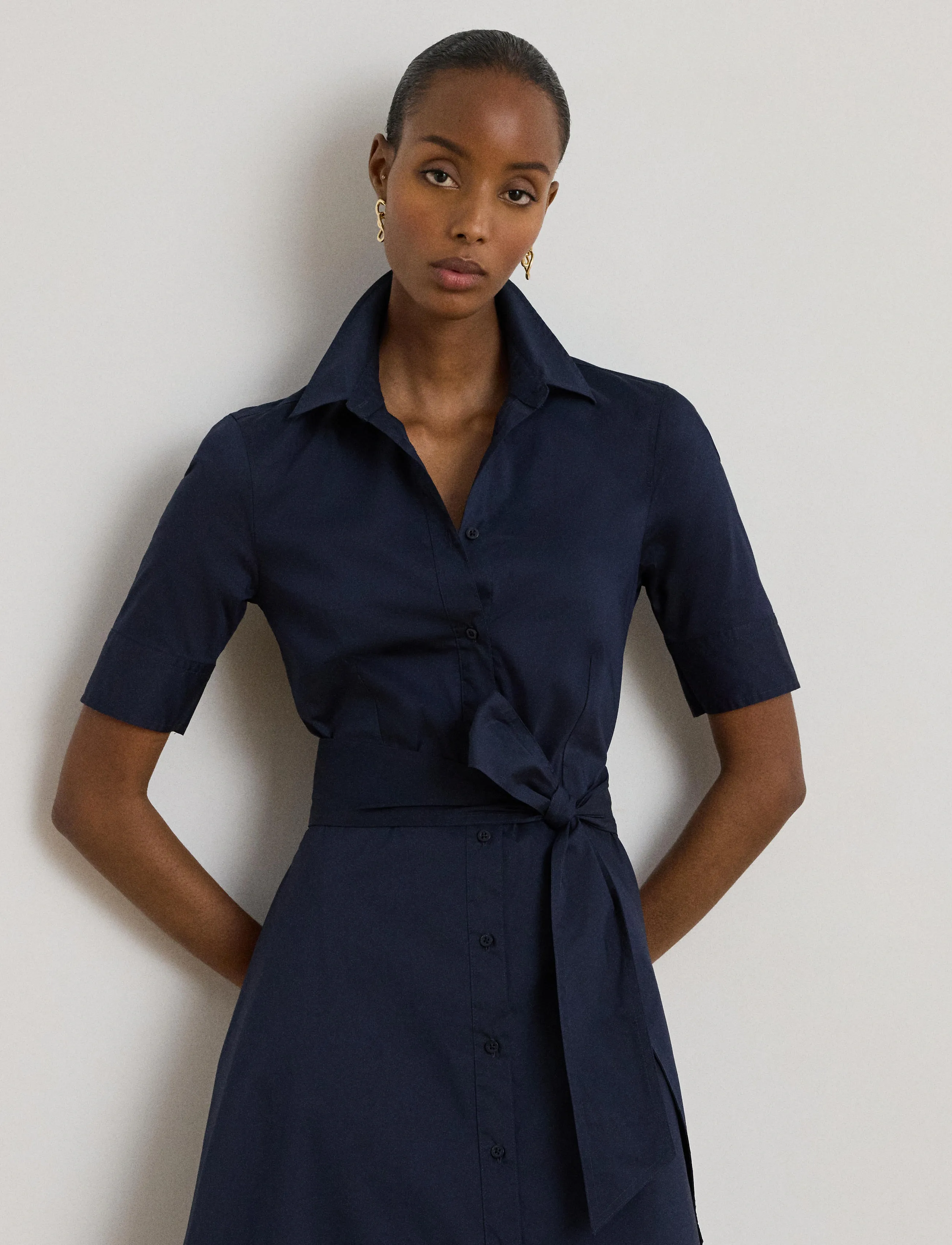 Lauren Ralph Lauren Belted Cotton-Blend Shirtdress - App deal - LAUREN NAVY / navy