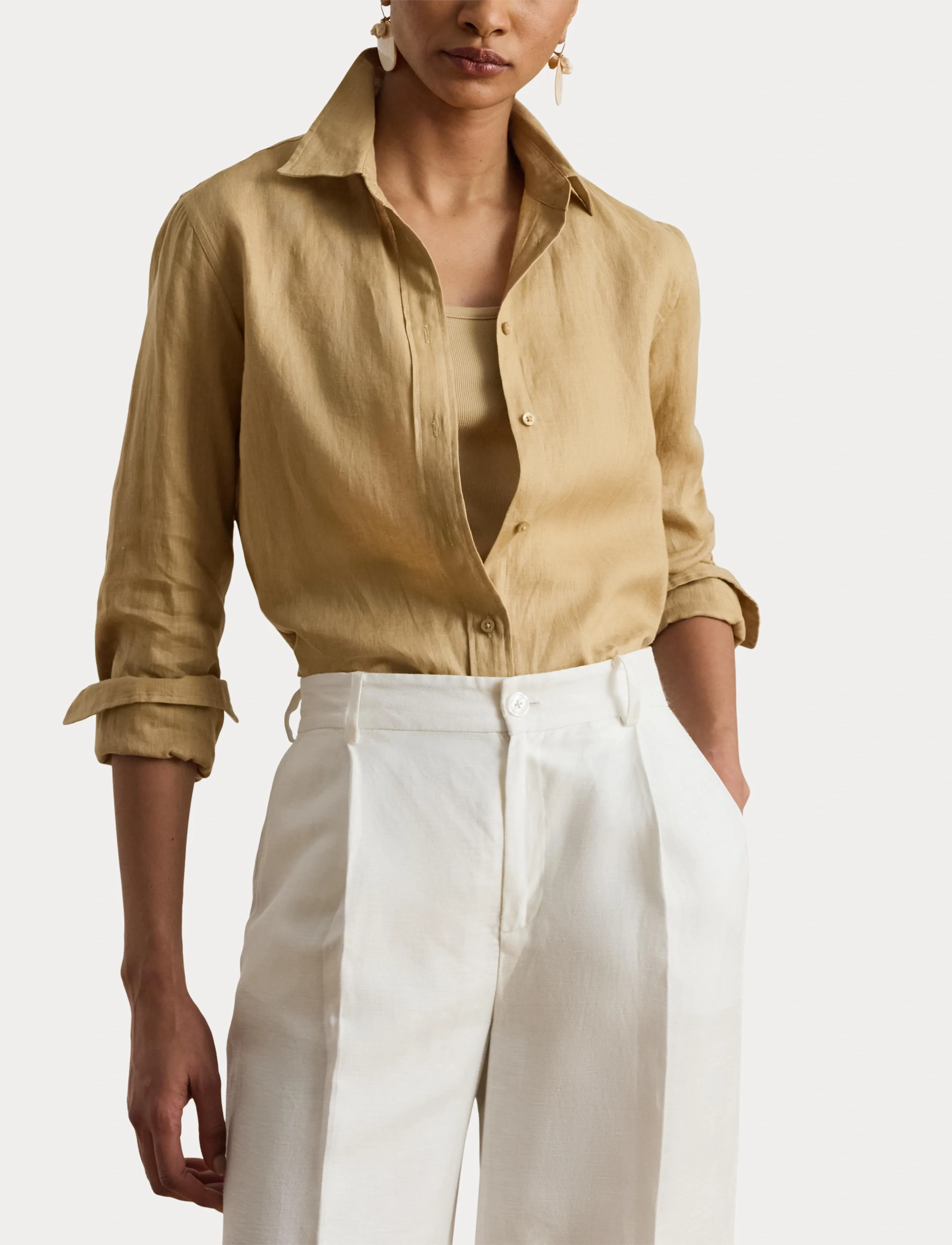 Lauren Ralph Lauren Relaxed Fit Linen Roll Tab–Sleeve Shirt - Lauren Ralph Lauren - BIRCH TAN / beige