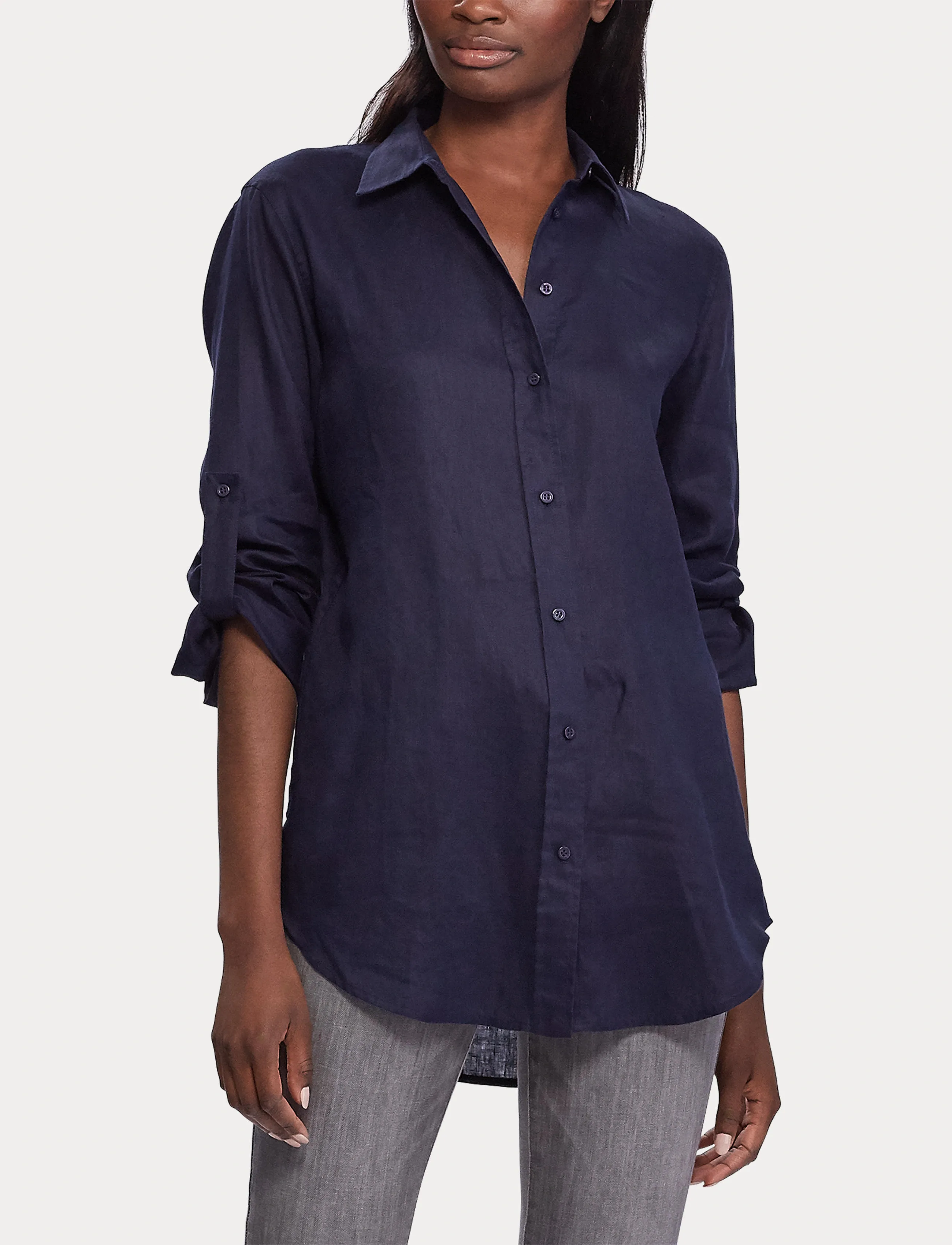 Lauren Ralph Relaxed Fit Linen Roll Tab–Sleeve Shirt, XS, Shirts, Marineblau - Long-sleeved, Frauen