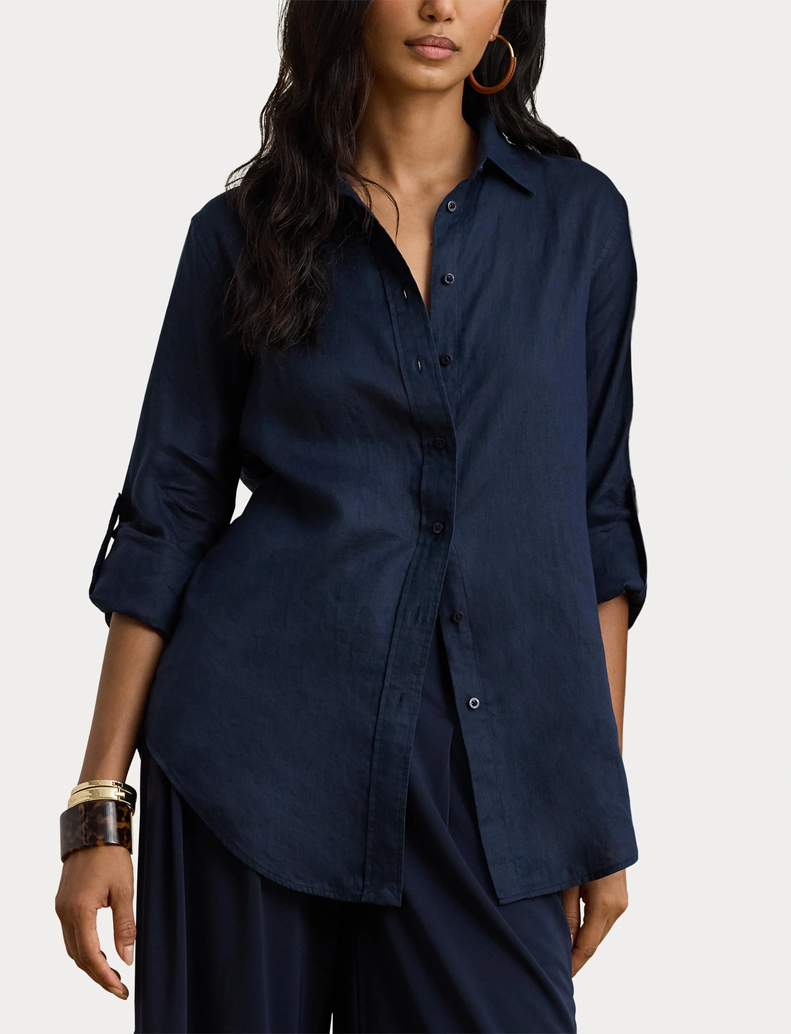 Lauren Ralph Lauren Relaxed Fit Linen Roll Tab–Sleeve Shirt - Lauren Ralph Lauren - LAUREN NAVY / navy