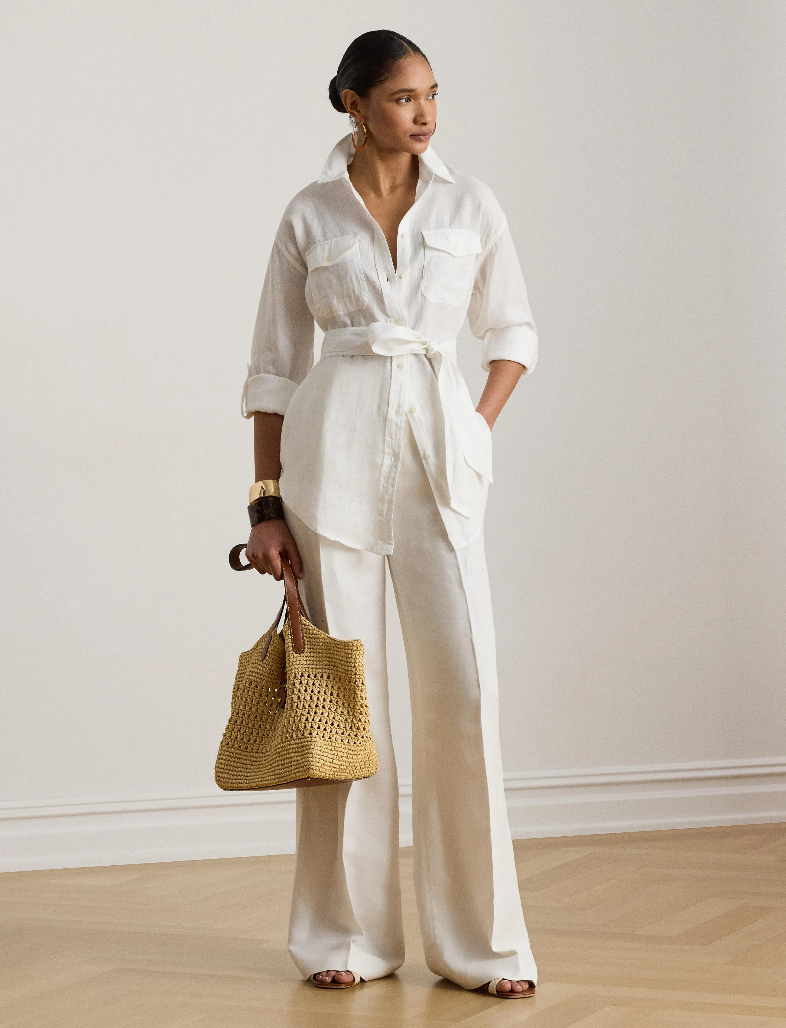 Lauren Ralph Lauren Relaxed Fit Belted Linen Shirt - Koszule - WHITE / white
