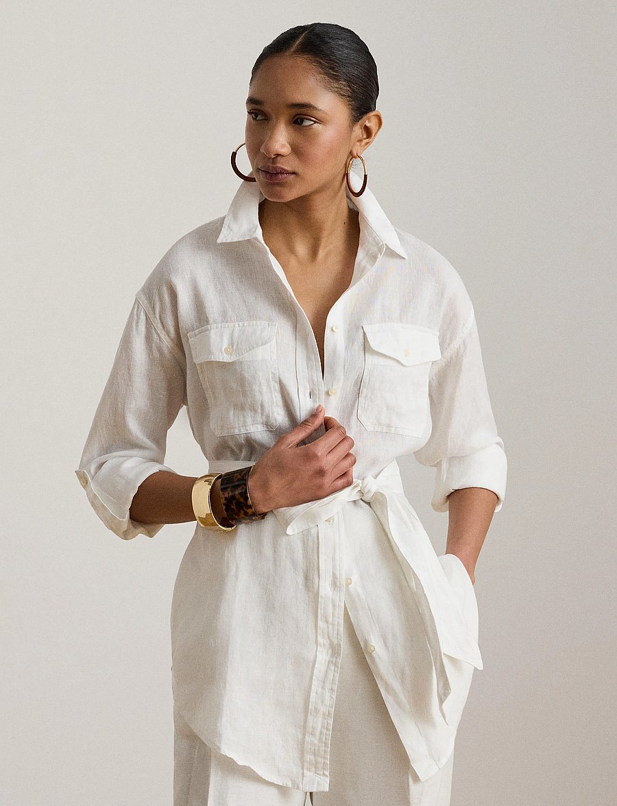 Lauren Ralph Lauren - Relaxed Fit Belted Linen Shirt - linneskjortor - white - 4