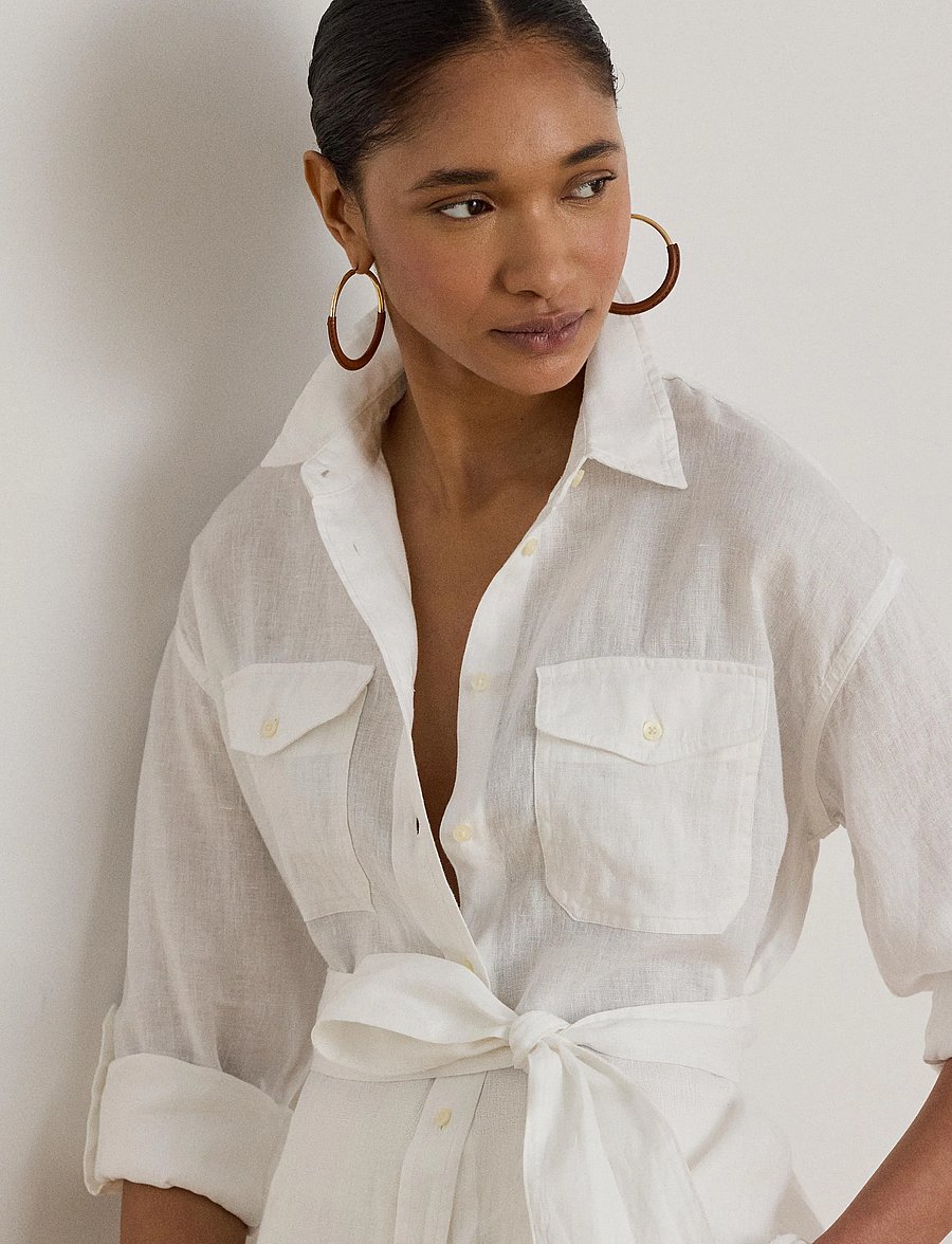Lauren Ralph Lauren - Relaxed Fit Belted Linen Shirt - linneskjortor - white - 5