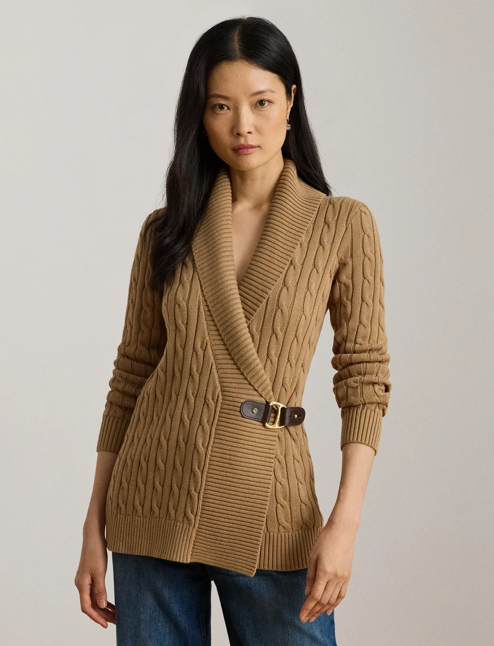 Lauren Ralph Lauren - Buckle-Trim Cotton Sweater - cardigans - classic camel - 3