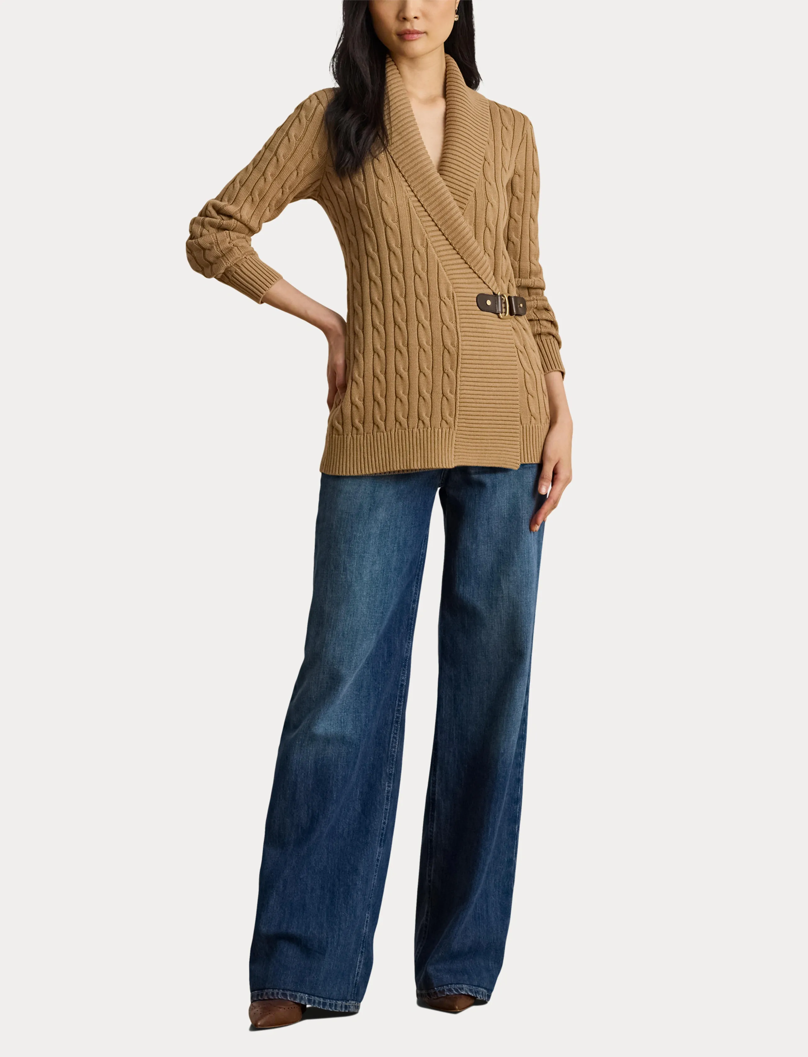 Lauren Ralph Lauren - GASSED COTTON-LS SHAWL COLLAR P/O - cardigans - classic camel - 4