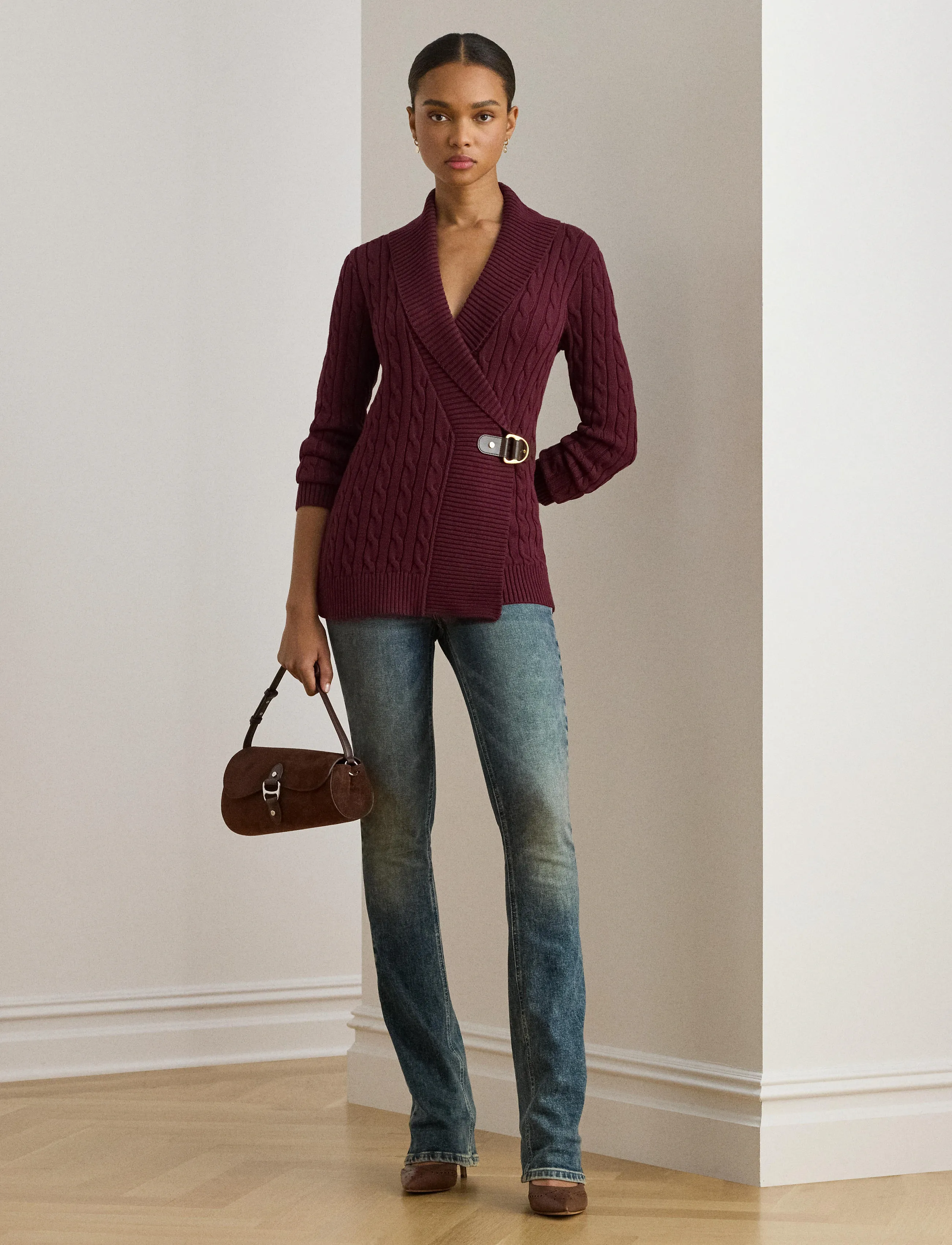 Lauren Ralph Gassed Cotton-Ls Shawl Collar P/O, M, Knitwear, Burgunderrot - Cardigans, Frauen