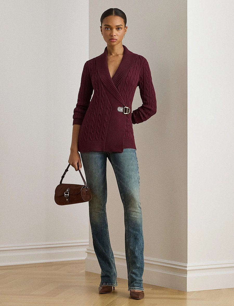 Lauren Ralph Lauren - GASSED COTTON-LS SHAWL COLLAR P/O - strickjacken - dark garnet - 0