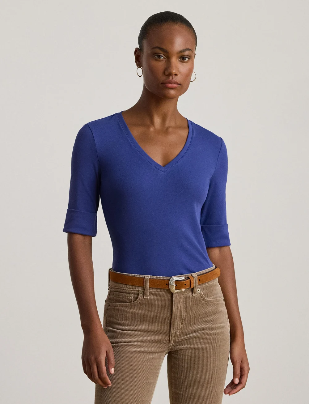 Lauren Ralph Lauren - Stretch Cotton Elbow-Sleeve V-Neck Tee - sviitrid - charter blue - 4
