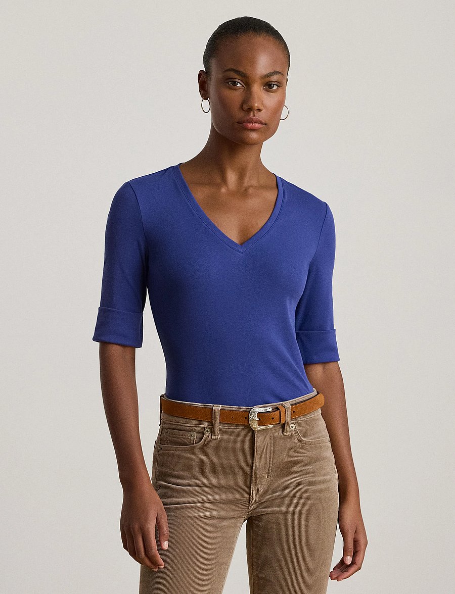 Lauren Ralph Lauren - RFND STRTCH 1X1 RIB-ELB-KNT - pullover - charter blue - 4