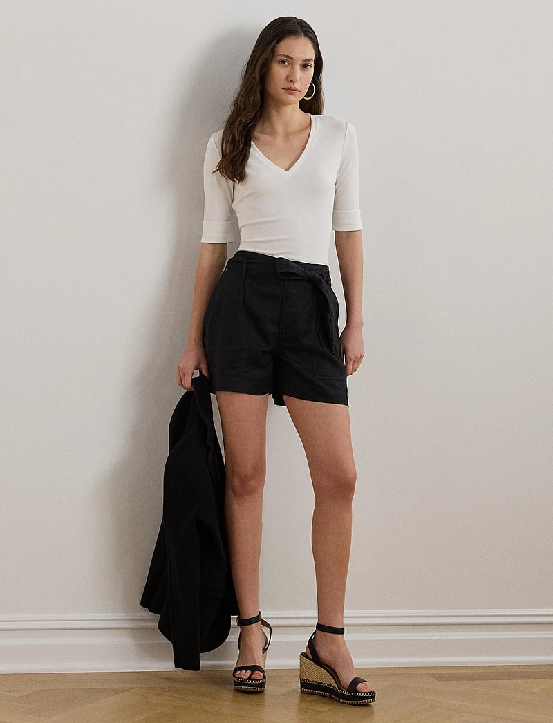 Lauren Ralph Lauren - Stretch Cotton Elbow-Sleeve V-Neck Tee - megztiniai - white - 1