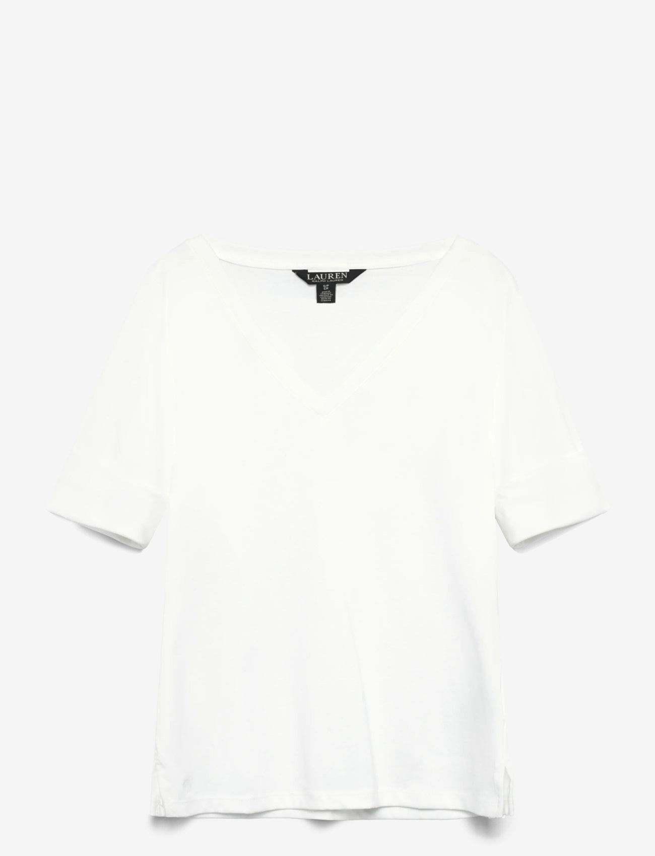 Lauren Ralph Lauren - Stretch Cotton Elbow-Sleeve V-Neck Tee - megztiniai - white - 2
