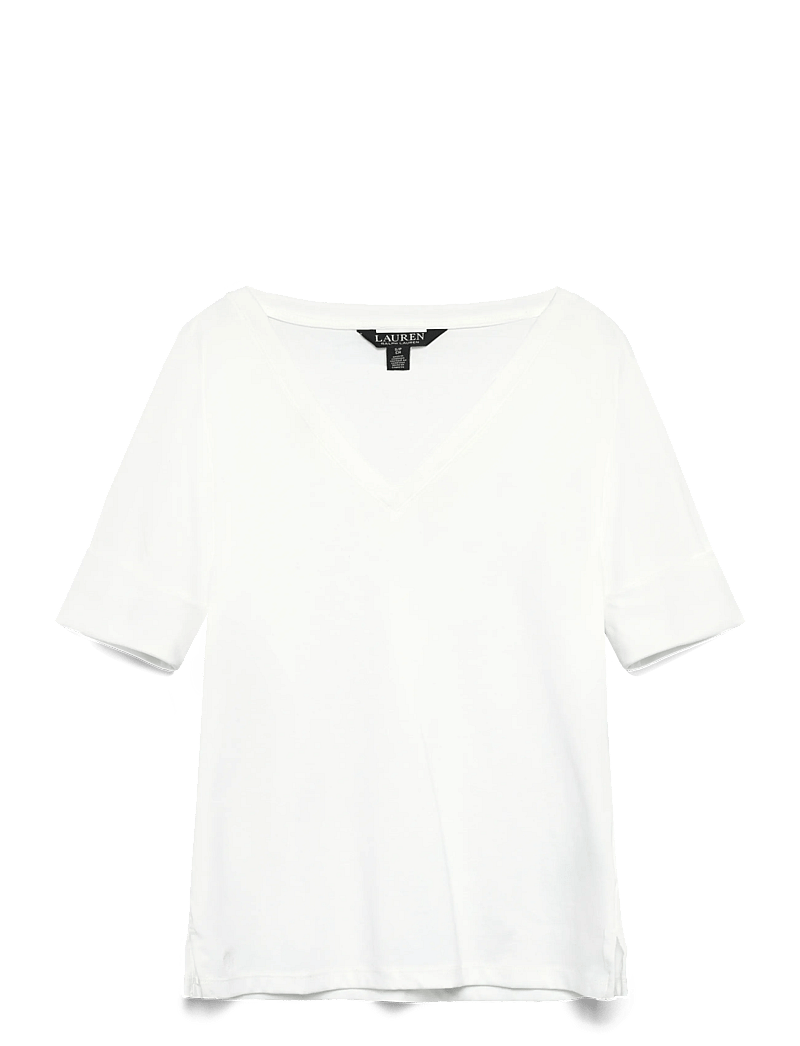 Lauren Ralph Lauren - Stretch Cotton Elbow-Sleeve V-Neck Tee - megztiniai - white - 2
