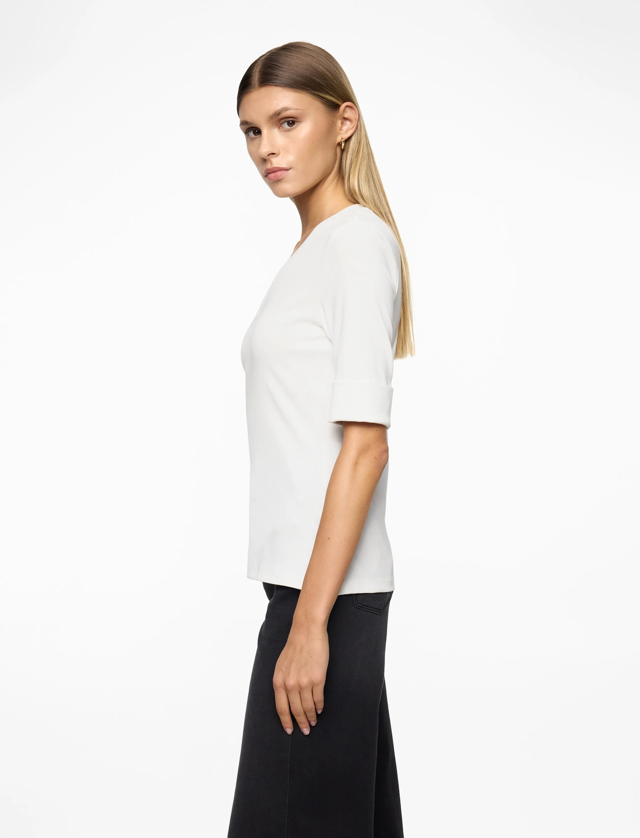 Lauren Ralph Lauren - Stretch Cotton Elbow-Sleeve V-Neck Tee - megztiniai - white - 4
