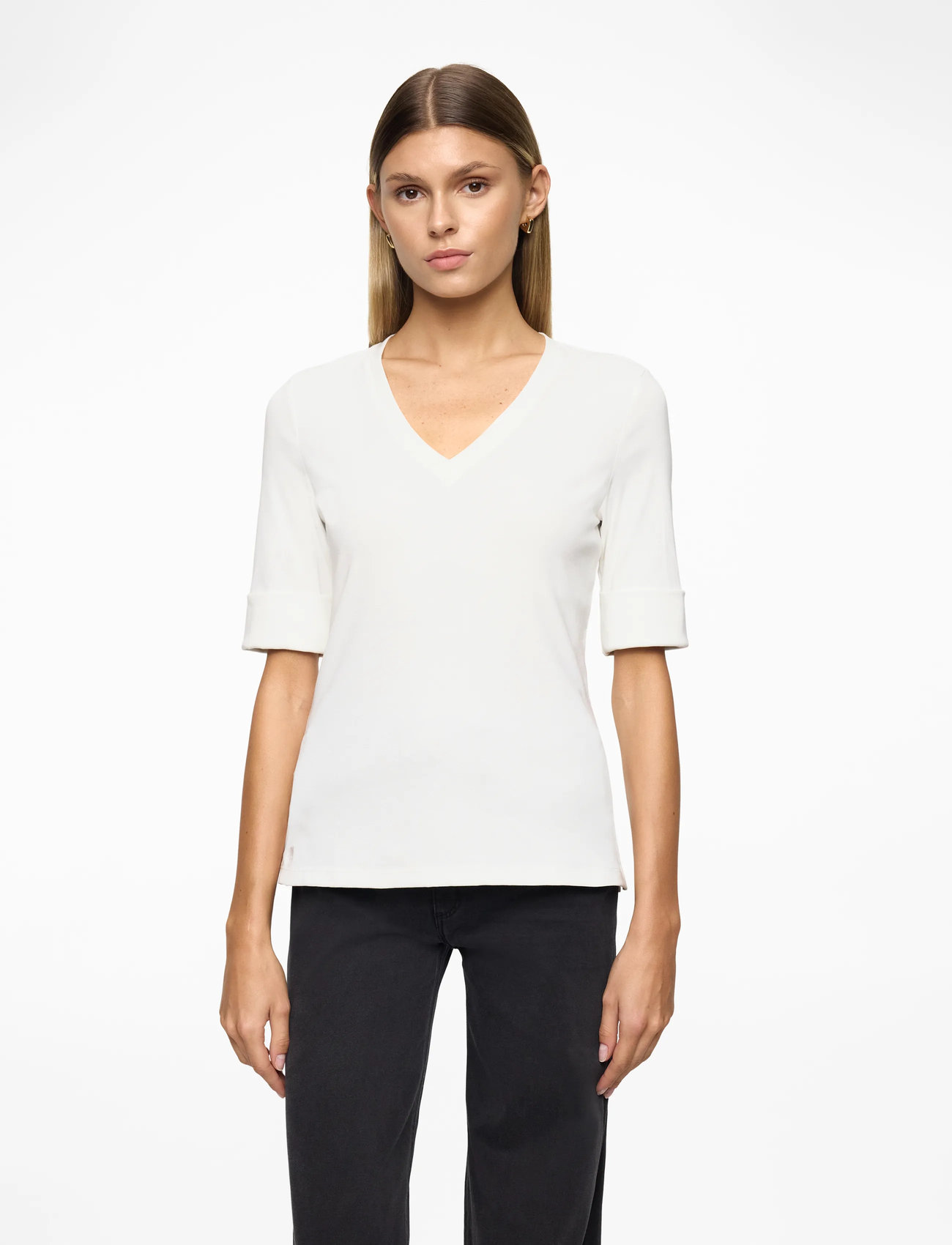 Lauren Ralph Lauren - Stretch Cotton Elbow-Sleeve V-Neck Tee - megztiniai - white - 0