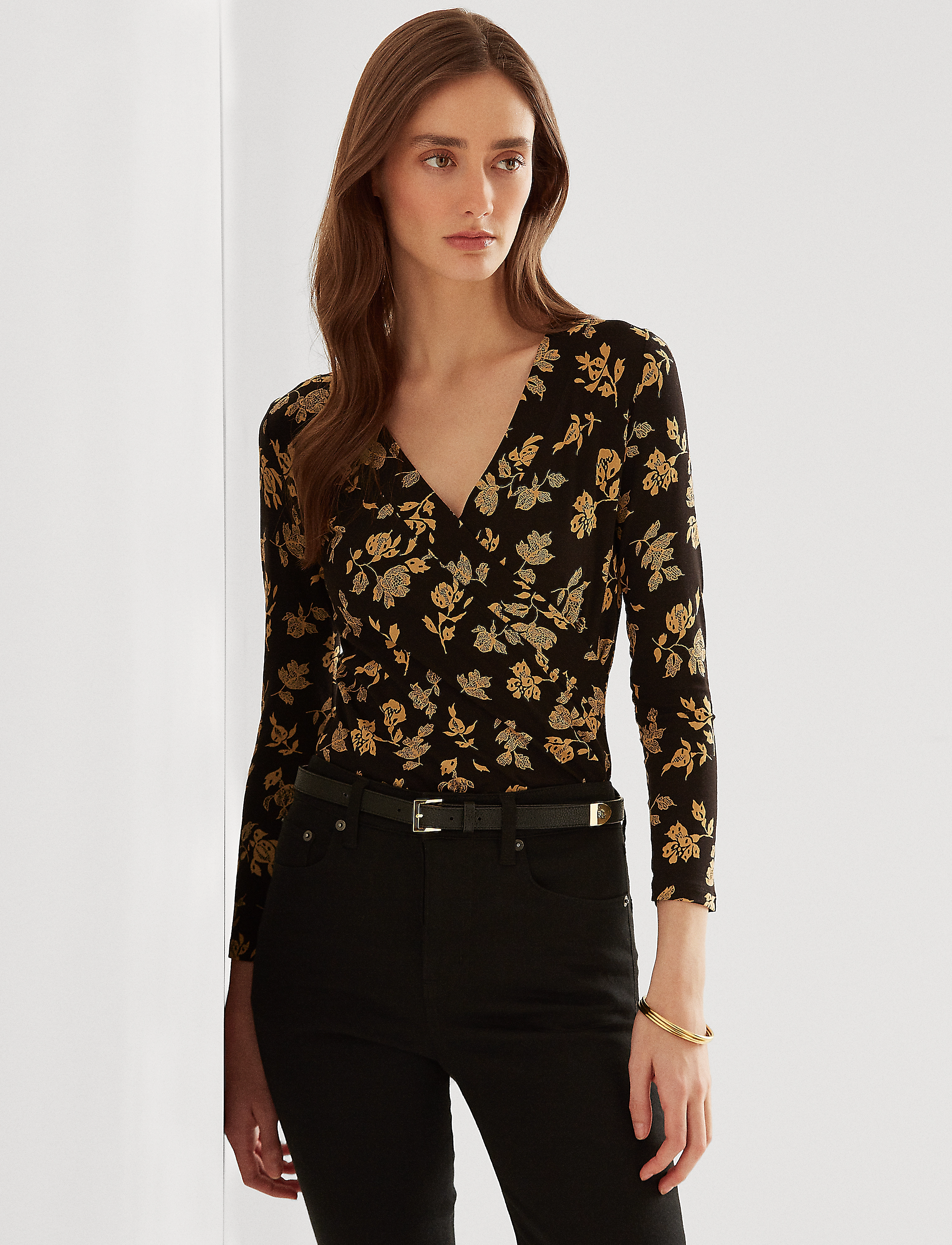 Lauren Ralph Lauren - Floral Surplice Stretch Jersey Top - black/cream - 2