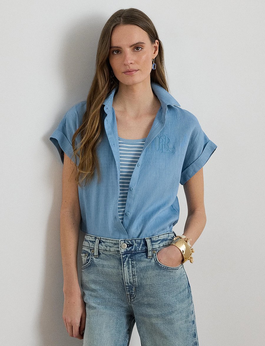 Lauren Ralph Lauren - Linen Short-Sleeve Shirt - hørskjorter - blue note - 0