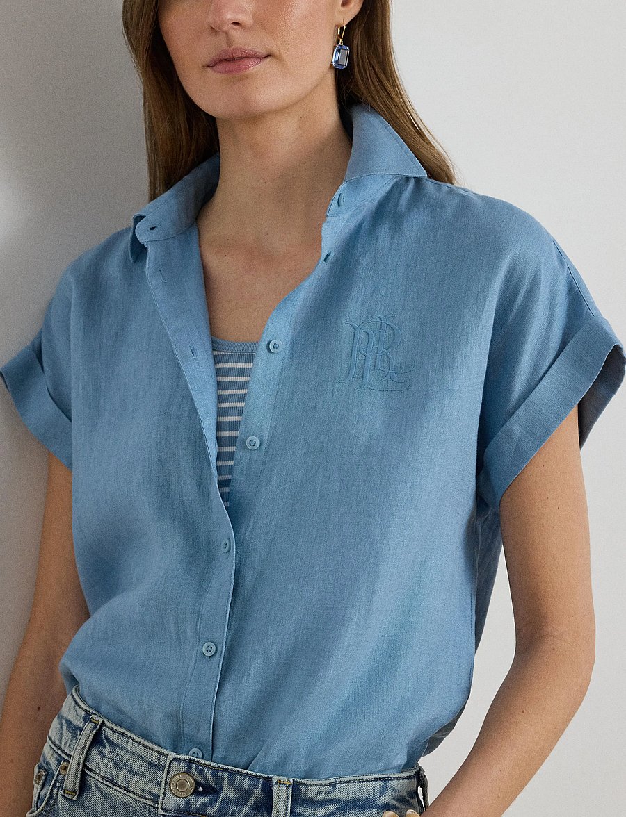 Lauren Ralph Lauren - Linen Short-Sleeve Shirt - hørskjorter - blue note - 3