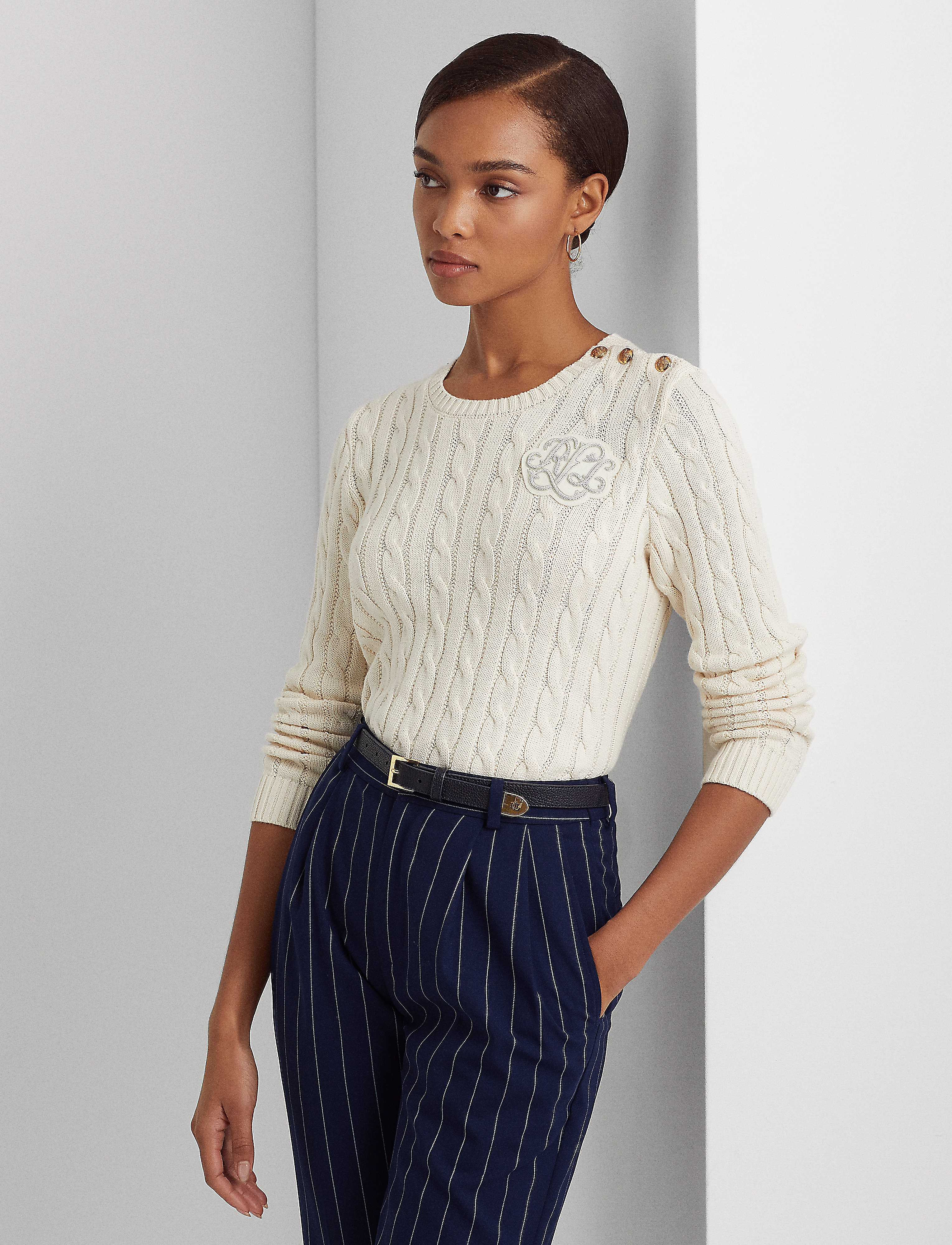 Lauren Ralph Lauren - Button-Trim Cable-Knit Sweater - mascarpone cream - 2