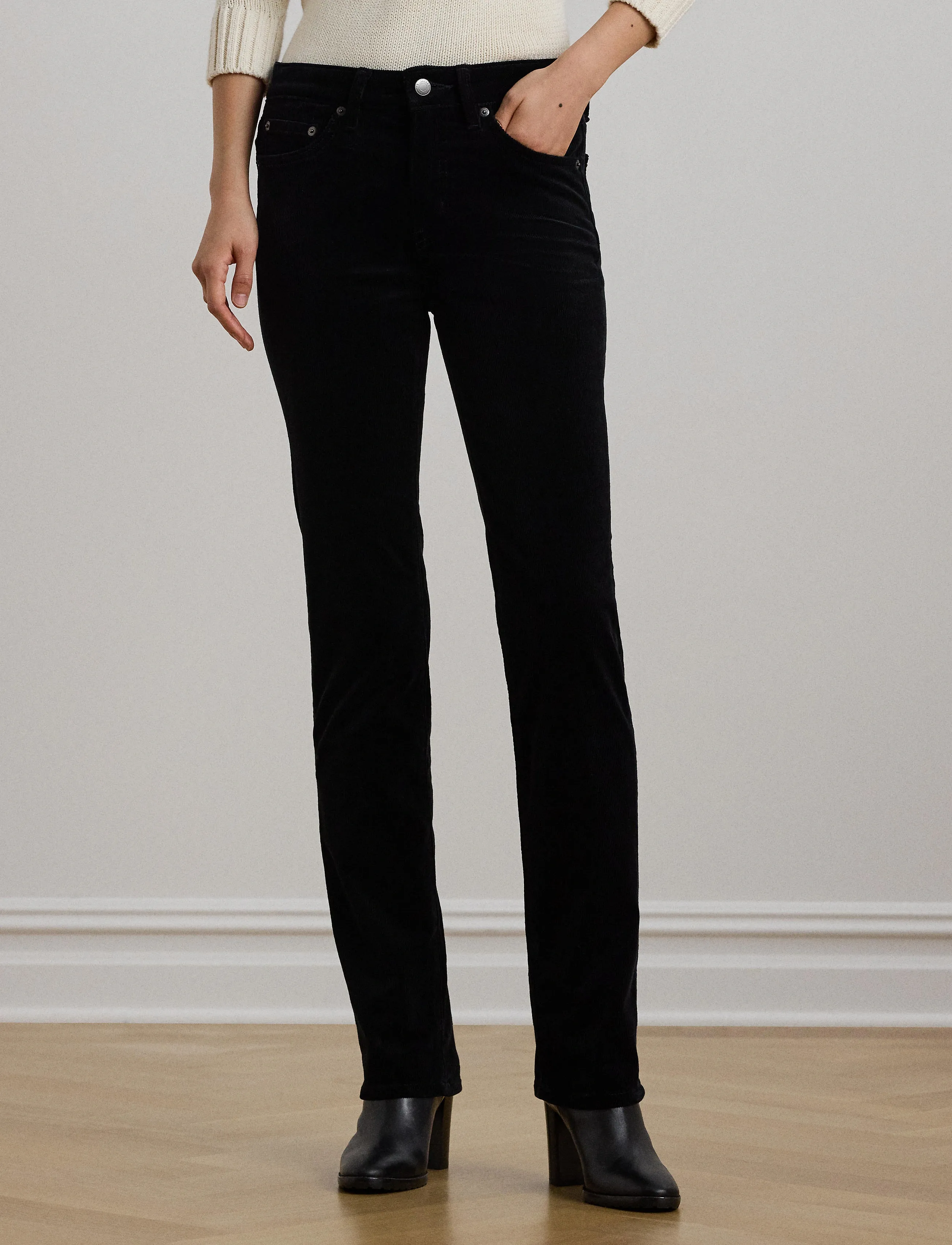 Lauren Ralph Lauren Stretch Corduroy Mid-Rise Straight Pant, 32, Black, Bukser > Lige Ben, Dame