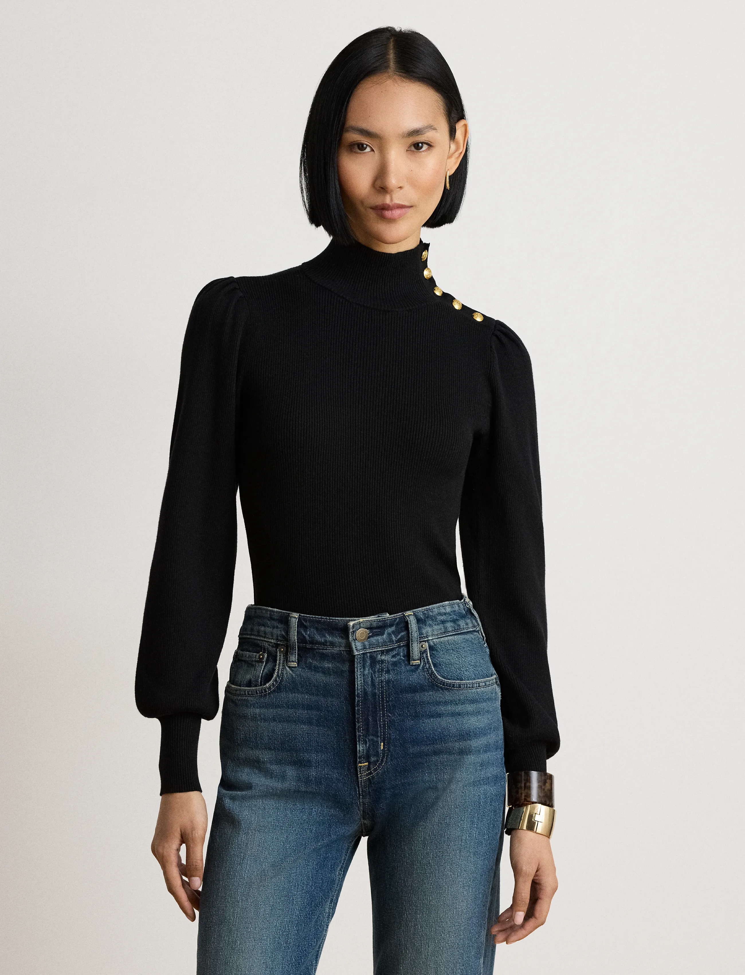 Lauren Ralph Lauren Button-Trim Mockneck Sweater - Lauren Ralph Lauren - BLACK / black