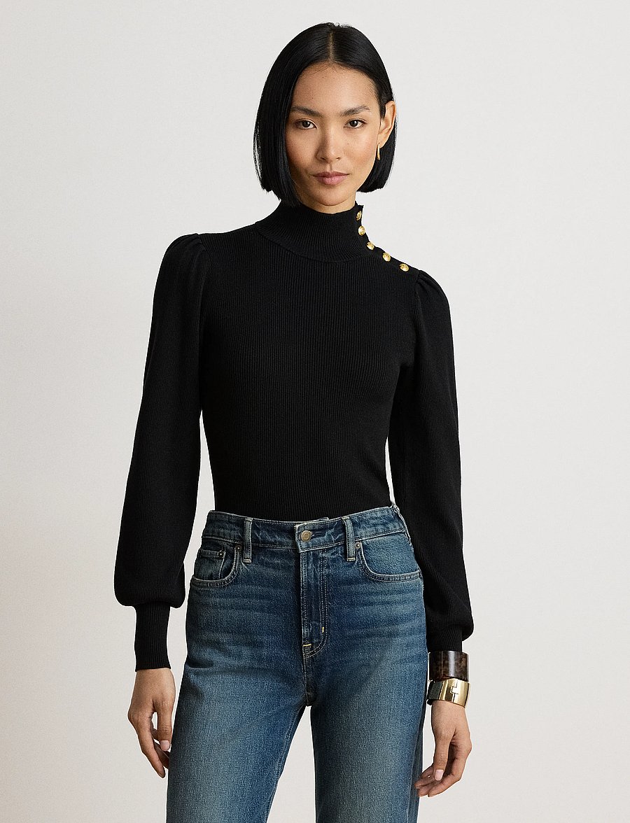 Lauren Ralph Lauren - Button-Trim Mockneck Sweater - rollkragenpullover - black - 0